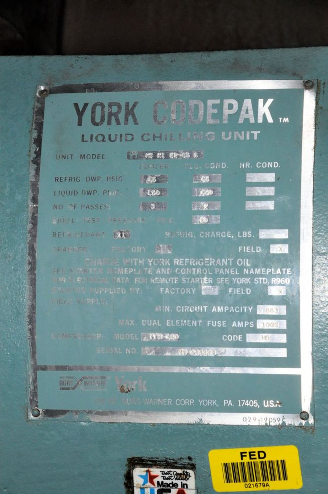 York Chiller #2, Model & S/n N/a, York/Borg Warner Controls, and General Electric 300-Line Starter - Image 8 of 8