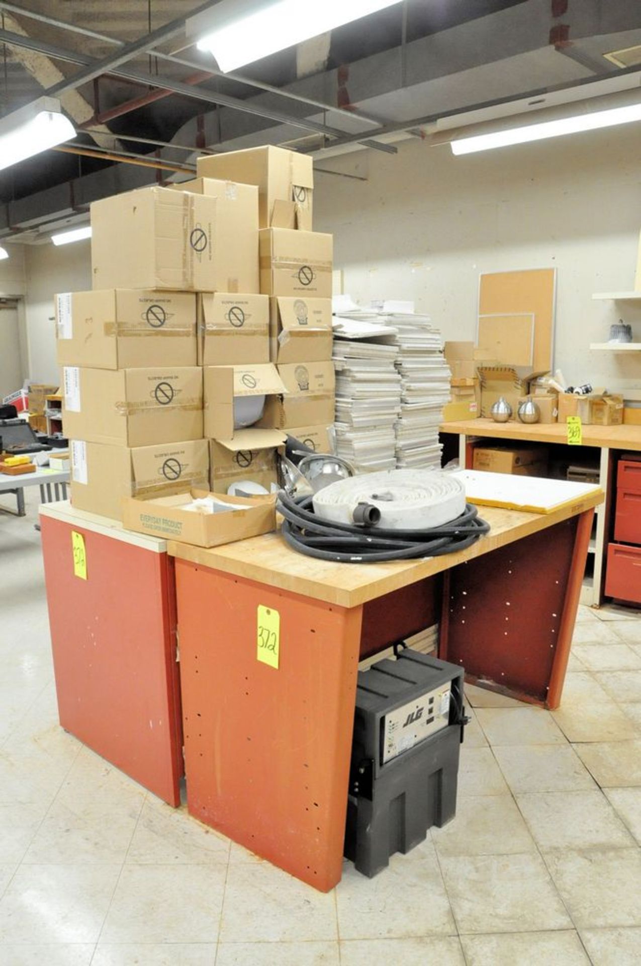 Lot-(2) Red Work Benches with Ceiling Tiles and Towel Dispensers, (Fire Extinguishers Not Included),