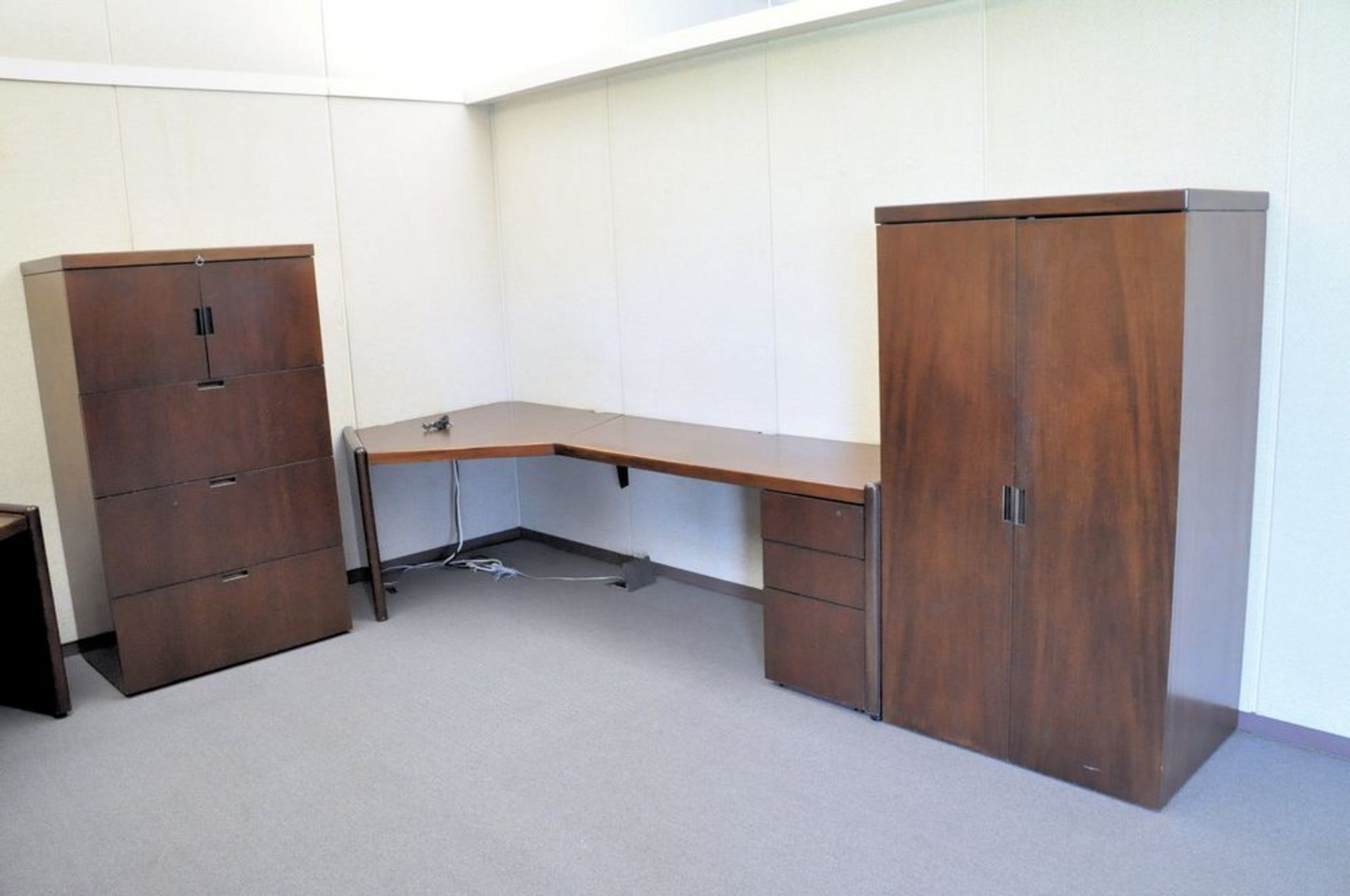 Lot-(2) Modular Partition Desk Systems with (1) Lateral File Cabinet, (1) 2-Door Storage Cabinet,