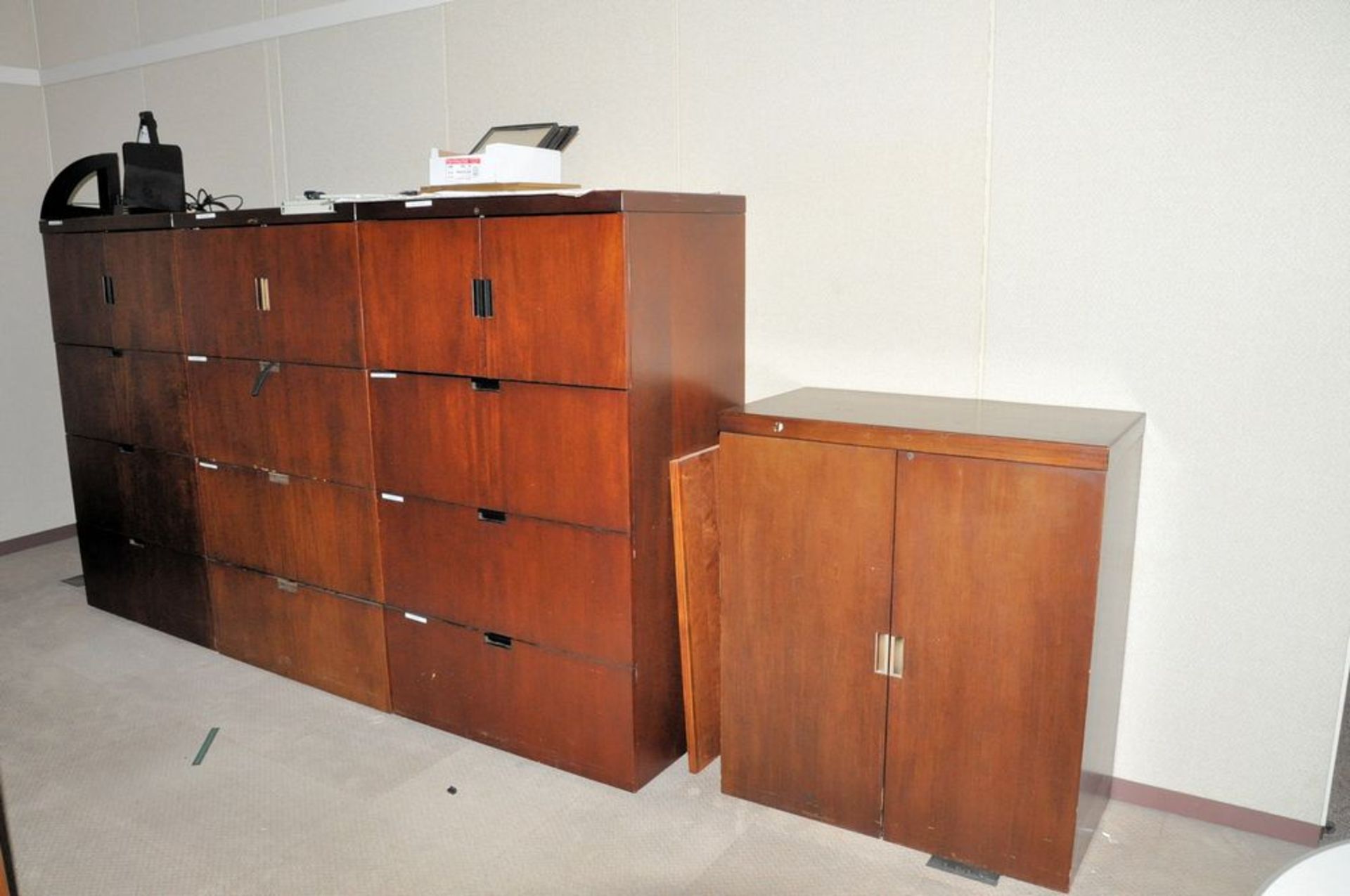 Lot-Various Lateral File Cabinets, 2-Door Storage Cabinets, (1) Round Table, and (1) Pedestal Stand,