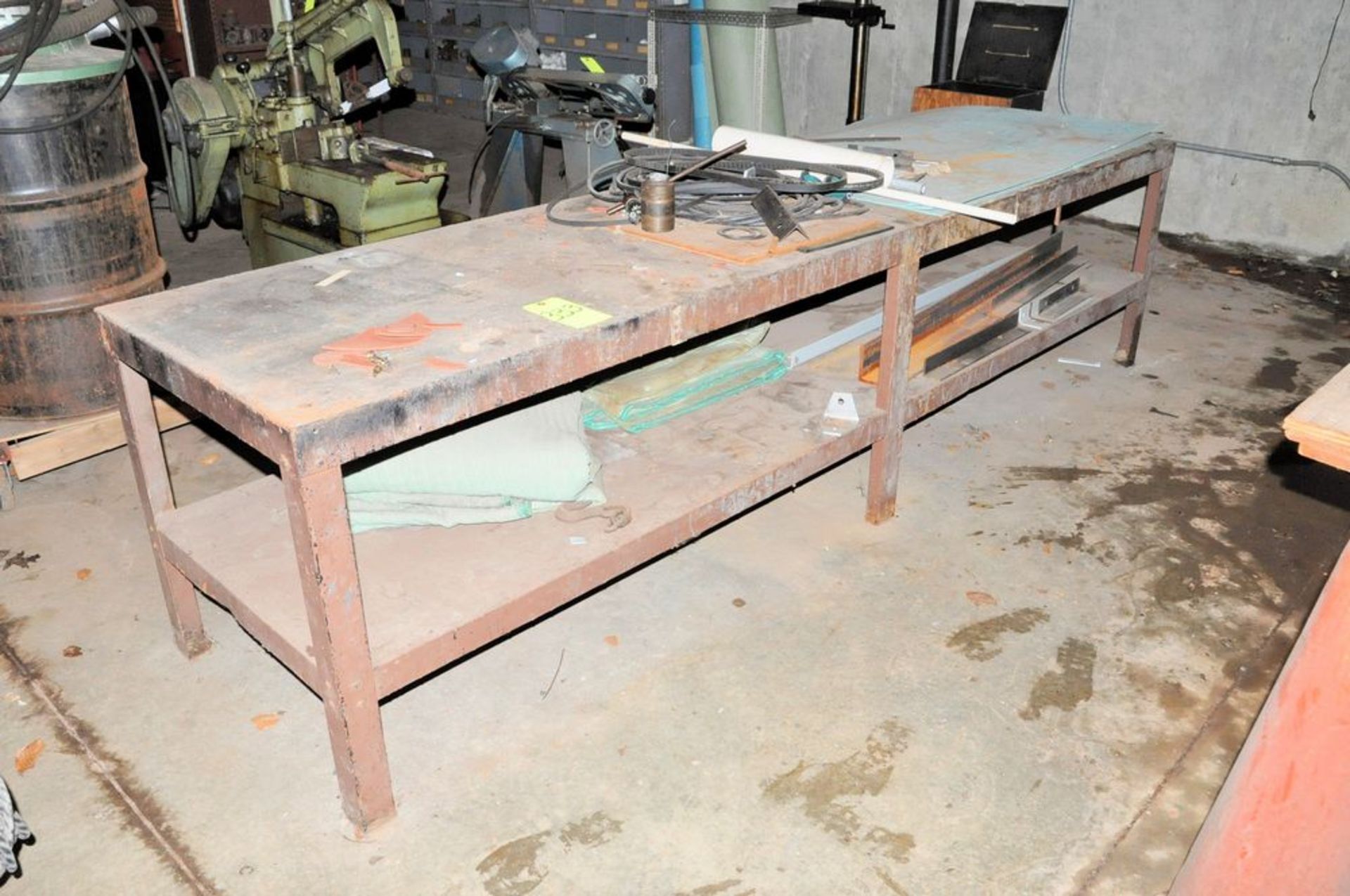 Lot-(1) Section Shelving and Bench with Maintenance Contents, and (1) Long Steel Work Table, (