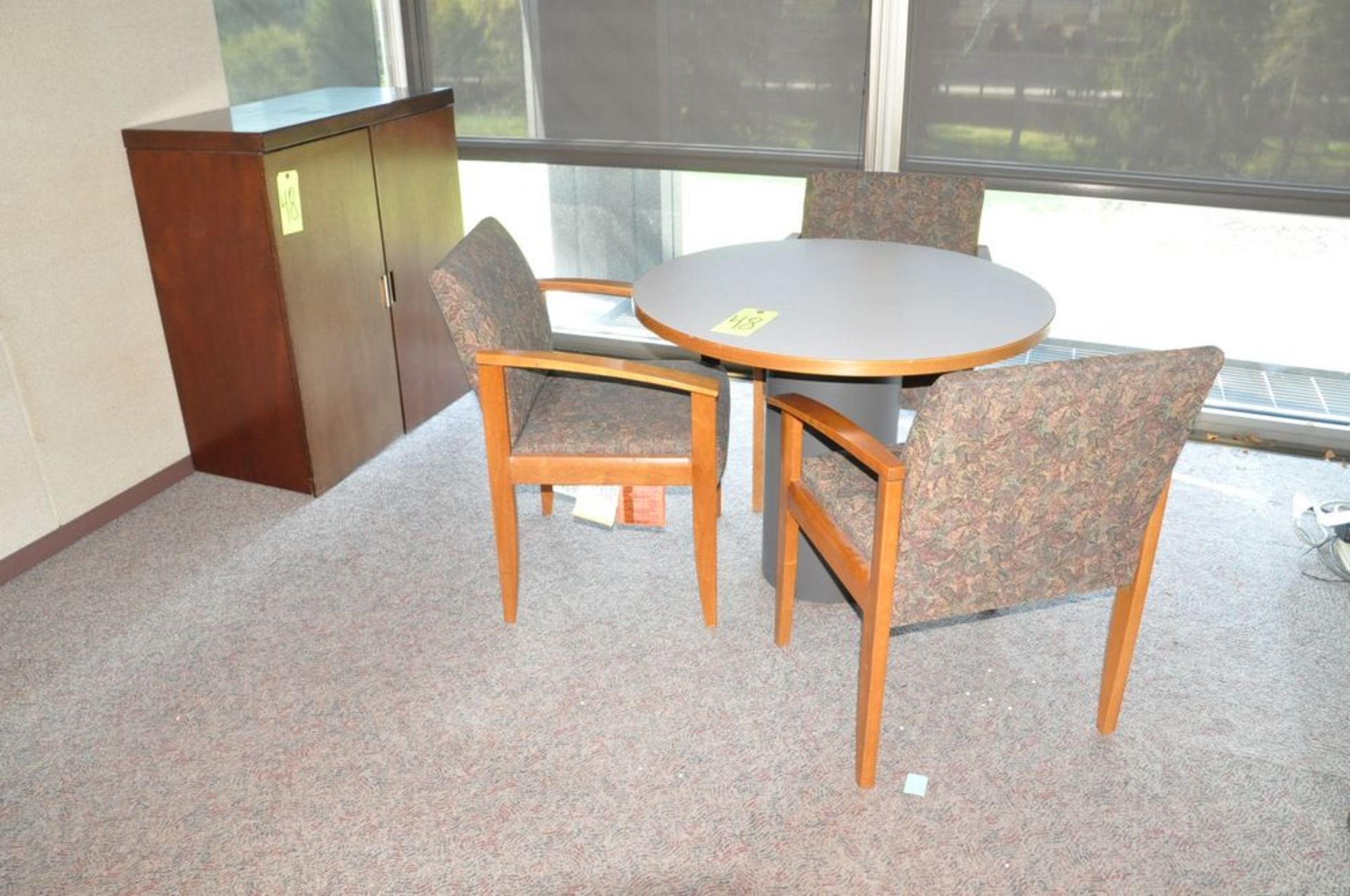 Lot-(1) Round Table, (3) Chairs, (1) Lateral File Cabinet, (1) Table, and (1) 2-Door Storage