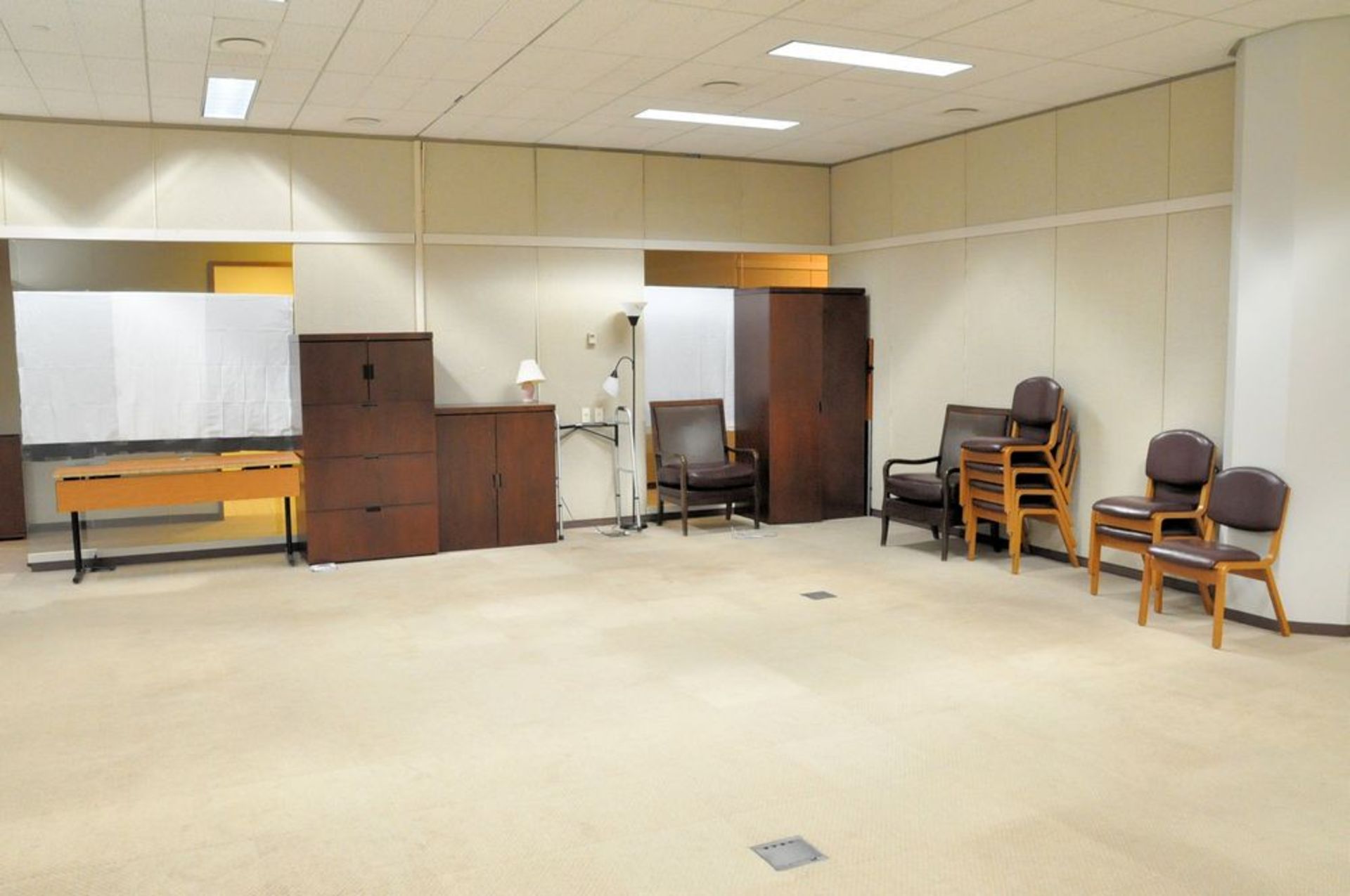 Lot-(2) 2-Door Storage Cabinets, (1) Lateral File Cabinet, (2) Tables, (1) Stand, (9) Chairs, (2)