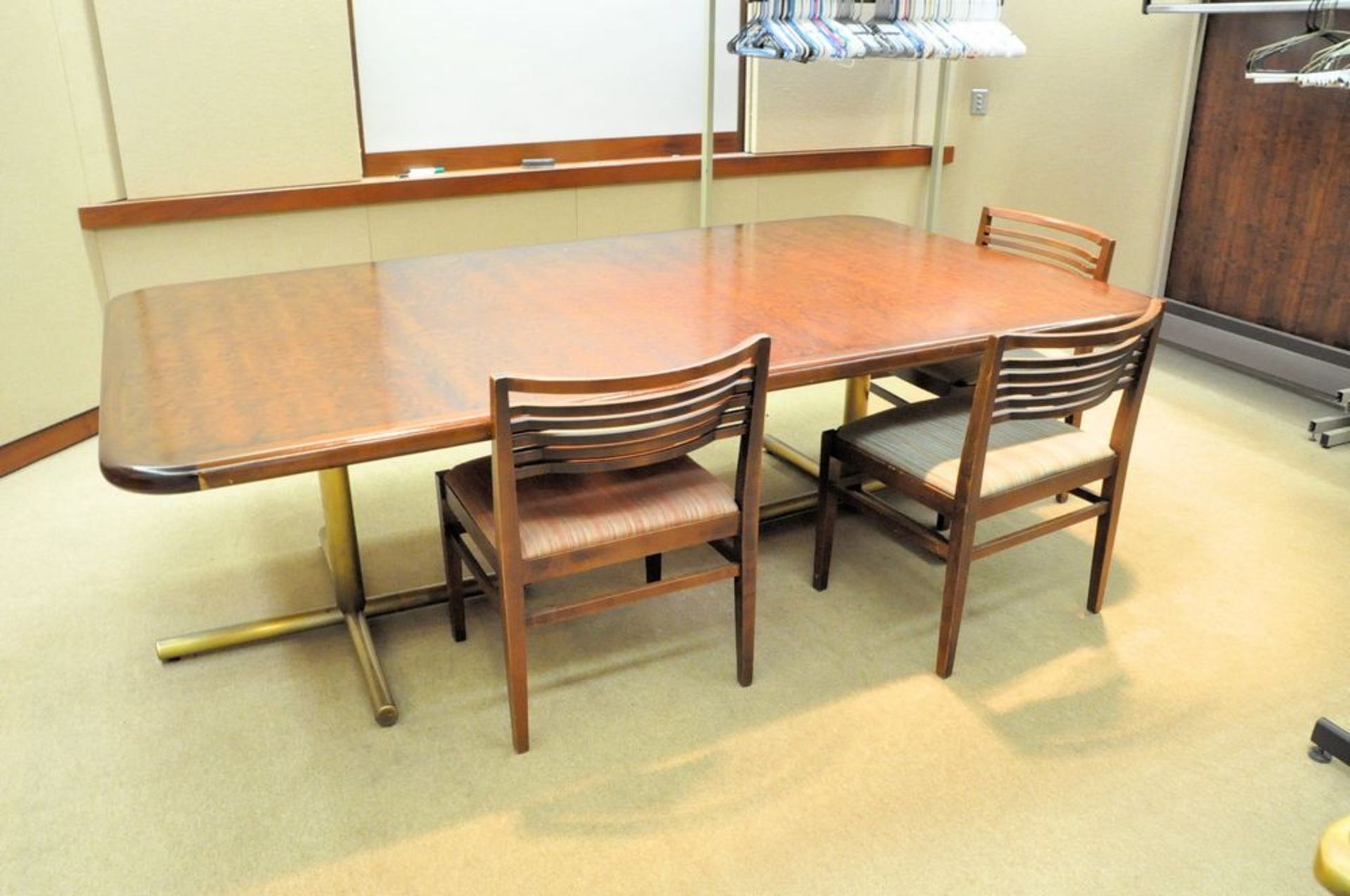 Lot-(1) 54" x 96" Conference Table with (3) Chairs, (4) Coat Racks, and (1) Dry Erase Board in (1)