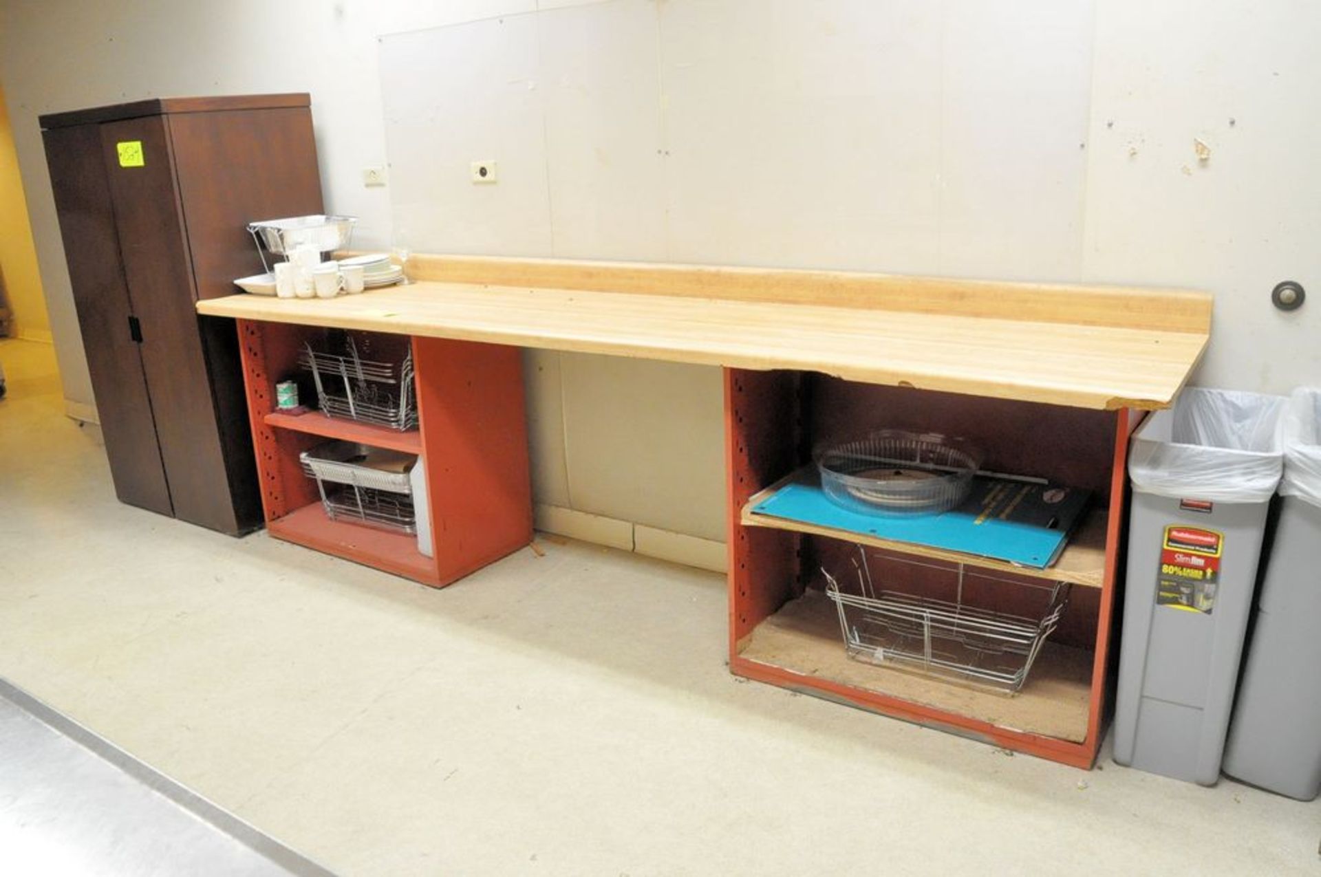 Lot-(1) Work Counter with (2) Under Counter Shelving Units, and (1) 2-Door Storage Cabinet, (Back