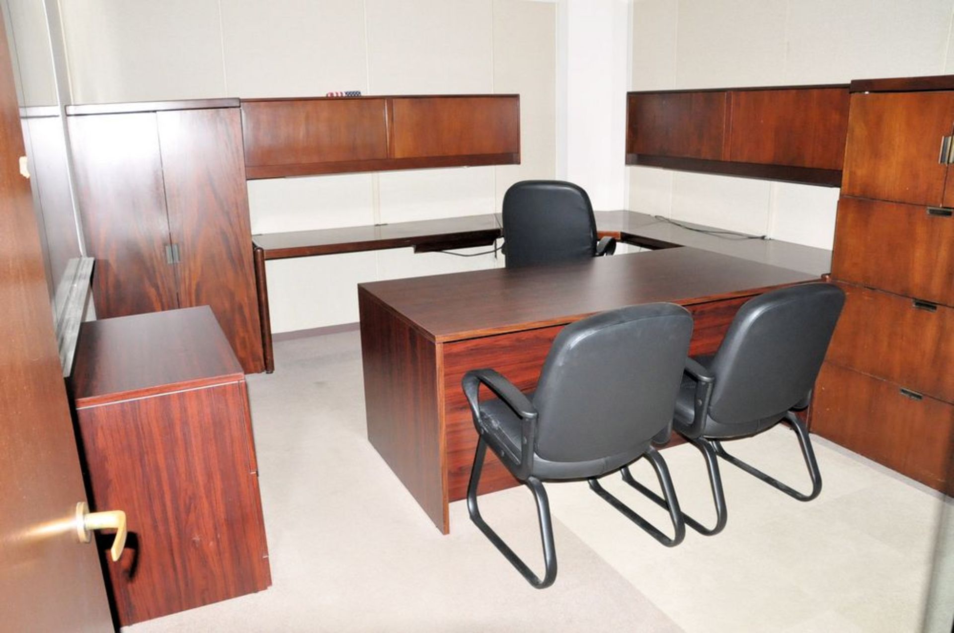 Lot-(1) Modular Desk System with (2) Overhead Cabinets, (1) 2-Door Storage Cabinet, (2) Lateral File