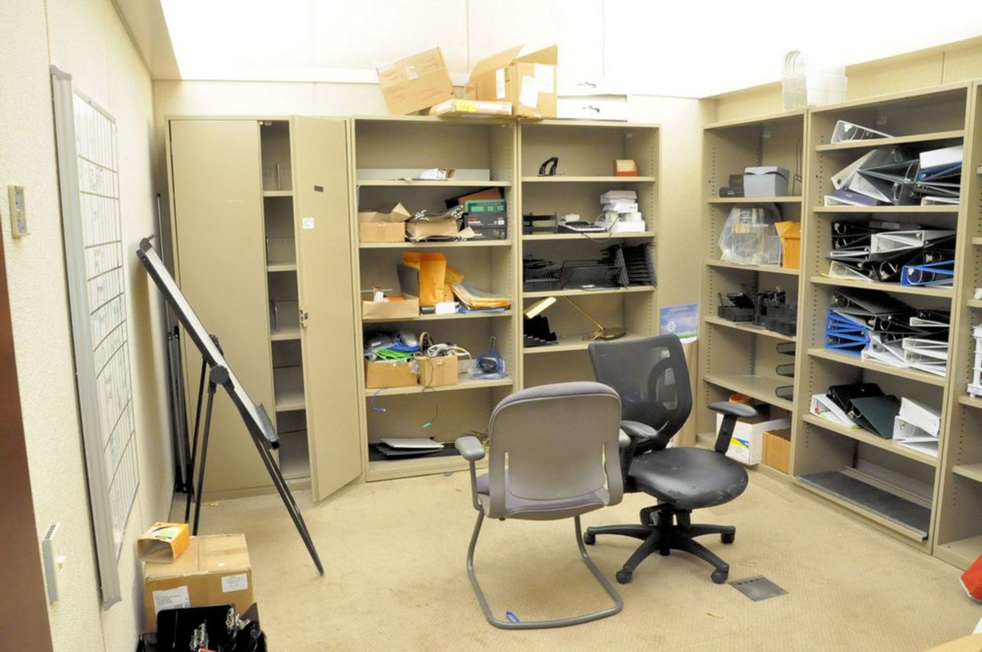 Lot-(7) Sections Shelving with General Office Supply Contents, (1) 2-Door Storage Cabinet, (2)