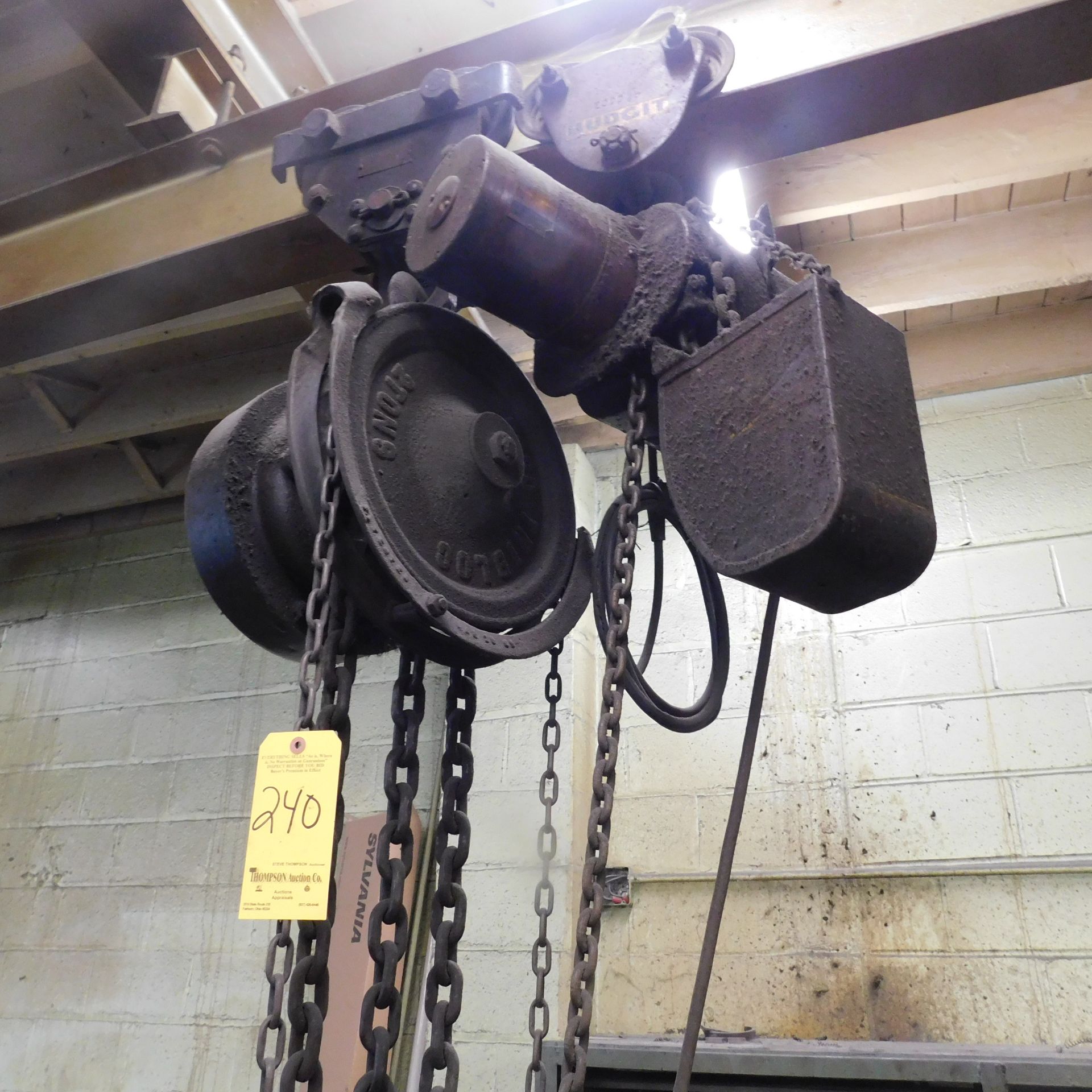 Lot, (2) Hoists, (1) Chain Fall and (1) Budget 1/2 Ton Electric Hoists, Trolleys and Pendant