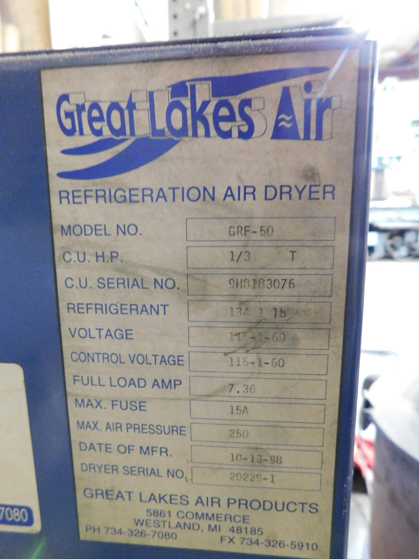 Great Lakes GRF-50 Refrigerated Air Dryer, 115 volt , 1 phase - Image 3 of 3