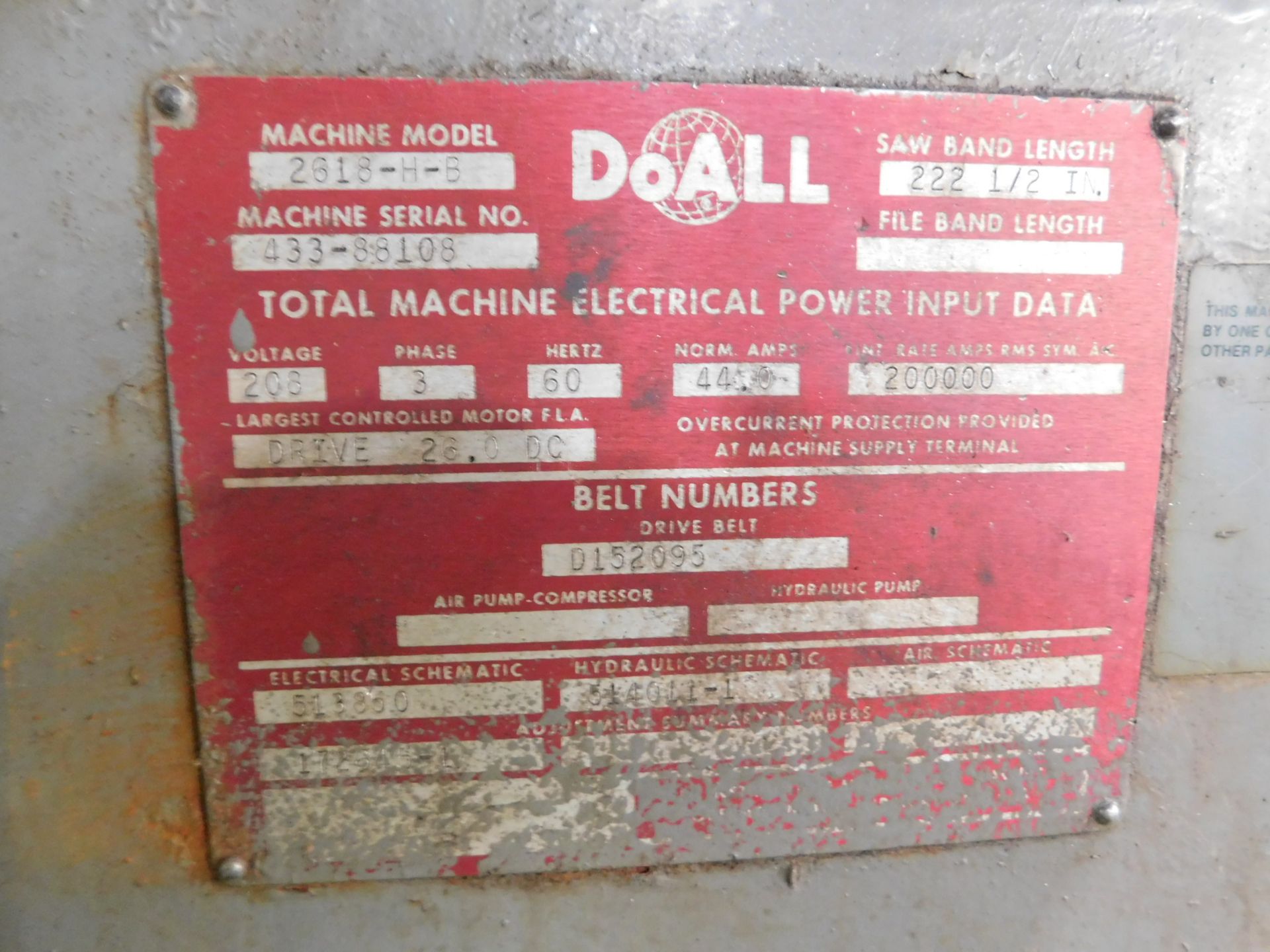 Do-All Model 2818-H-B Vertical Plate Saw, s/n 438-88106, 28” Throat, 18” Max. Vertical Height, 48” X - Image 10 of 10