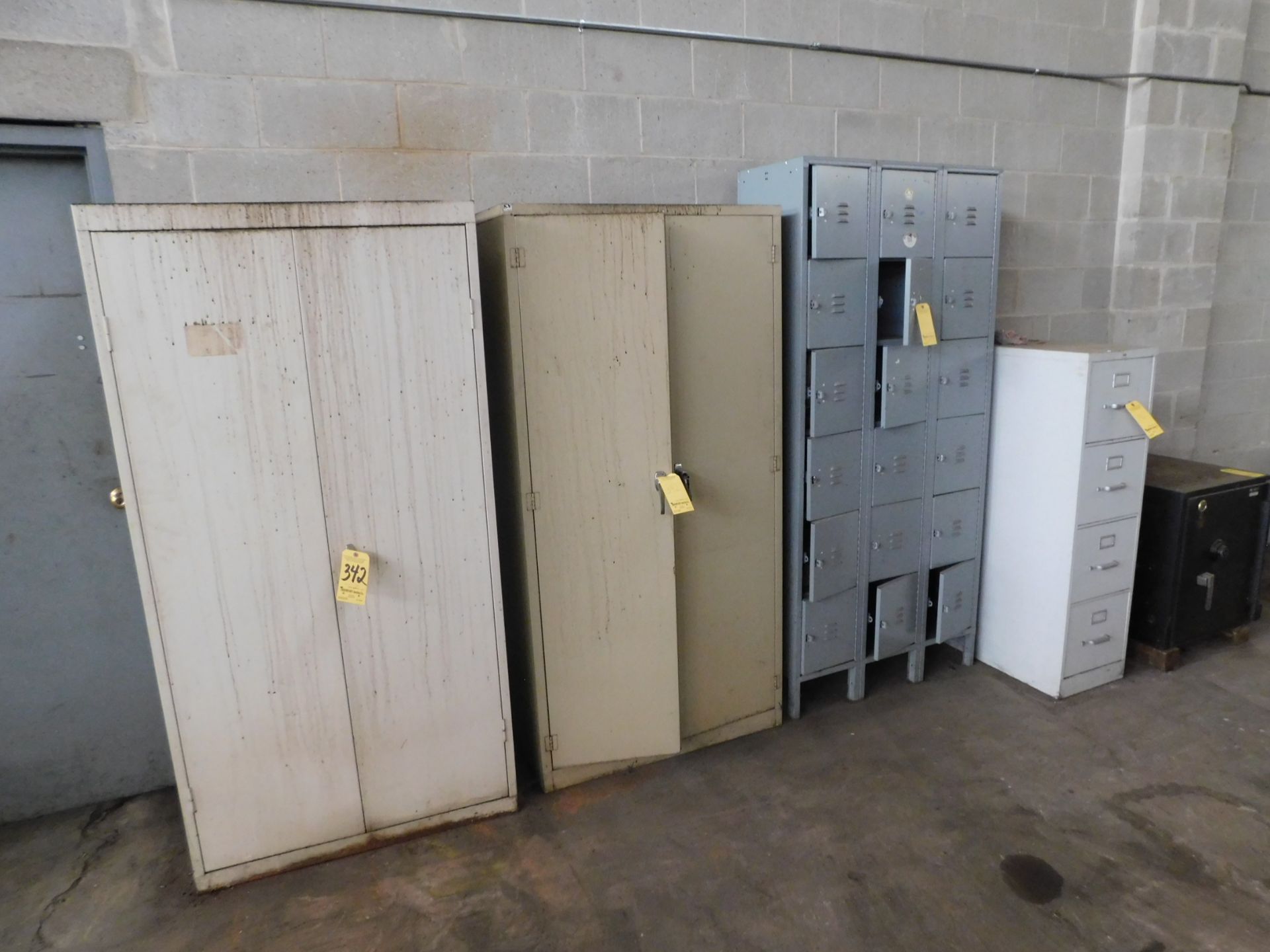 (2) 2-Door Upright Storage Cabinets, Lockers, 4-Drawer File Cabinet, and Safe