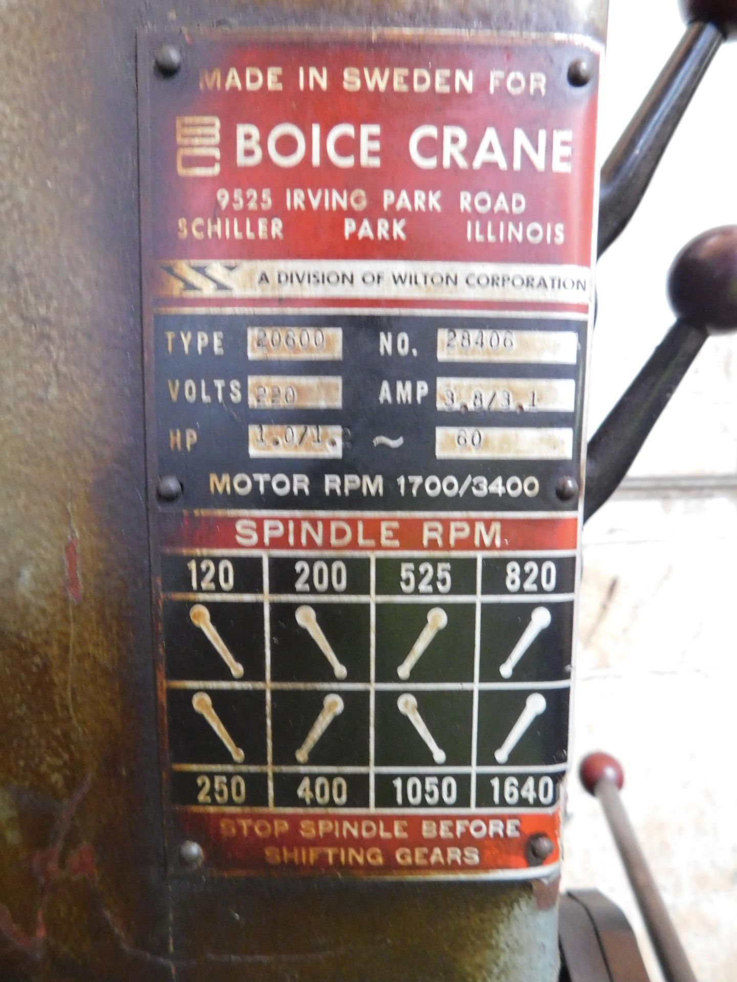 Boice Crane Model 20600, 20" Geared Head Drill Press, s/n 28406, 220/60 - Image 4 of 6