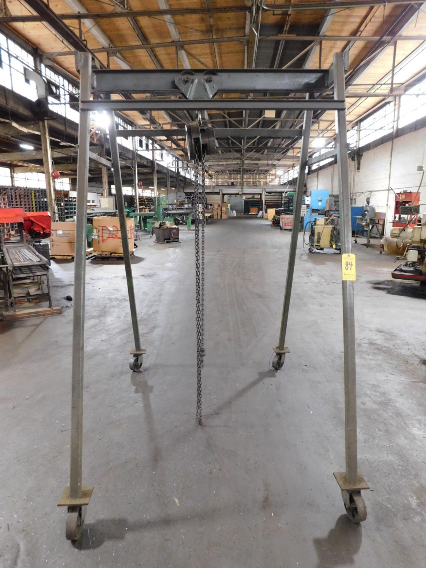 A-Frame Gantry with CM 1-Ton Chain Hoist, Overall Dimensions, 100" High X 65" Wide X 79" Front to