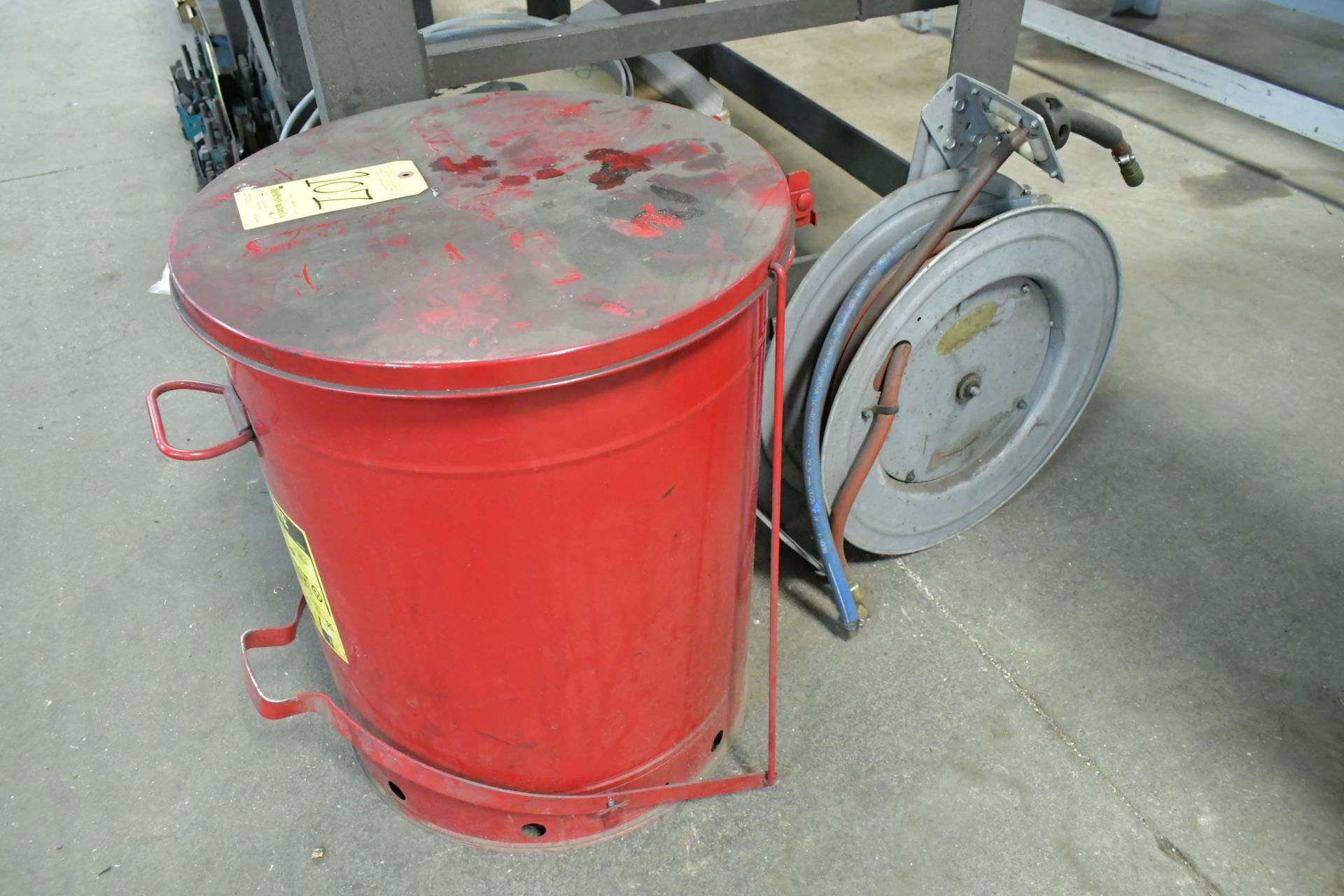 Lot-(1) JustRite Oily Waste Rag Can and (1) Retractable Air Hose Reel on Floor Under (1) Bench