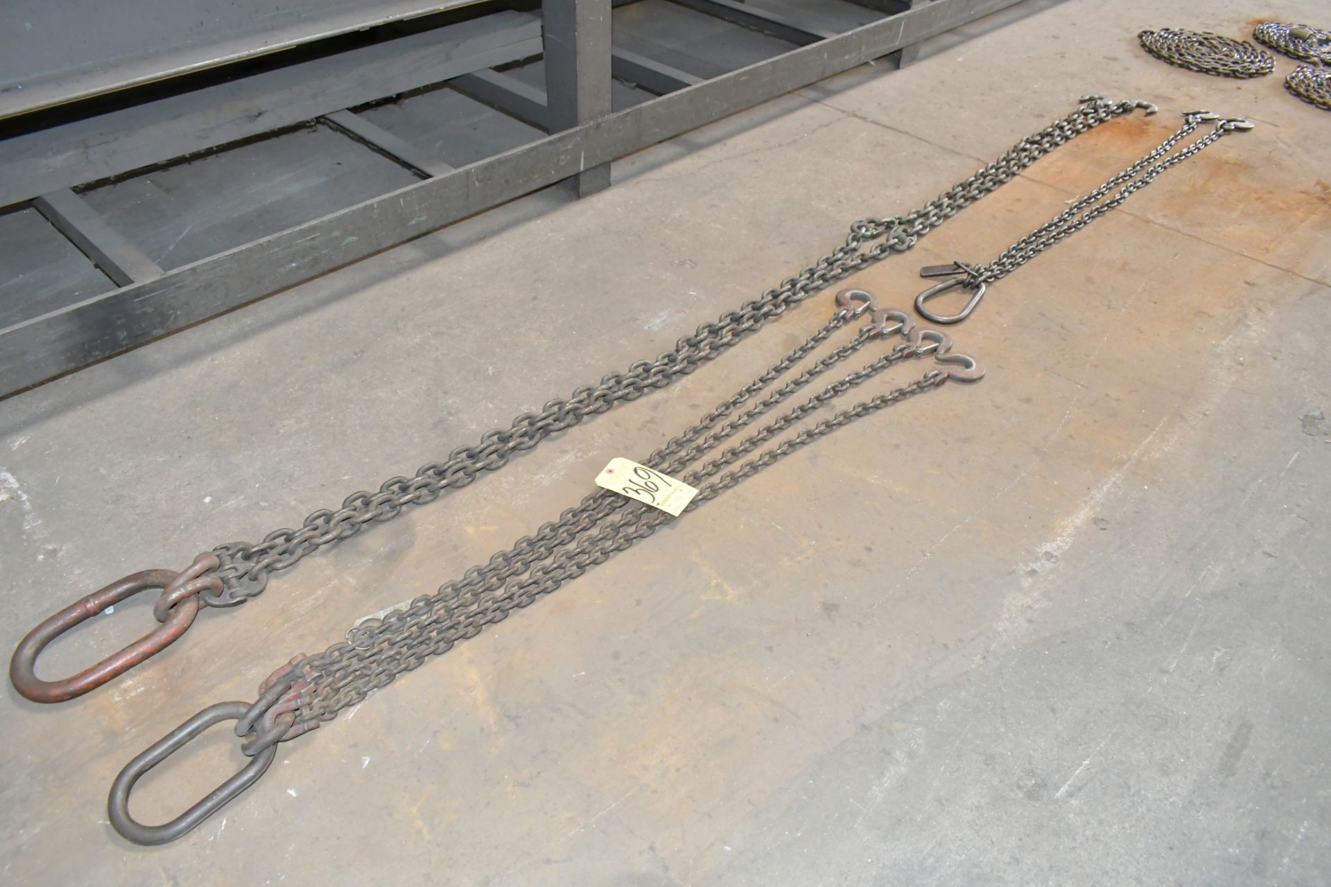 Lot-(1) 3/8" Link x 9' 2-Hook Chain Sling, (1) 1/4" Link x 5' 4-Hook Chain Sling with Cert Tag,