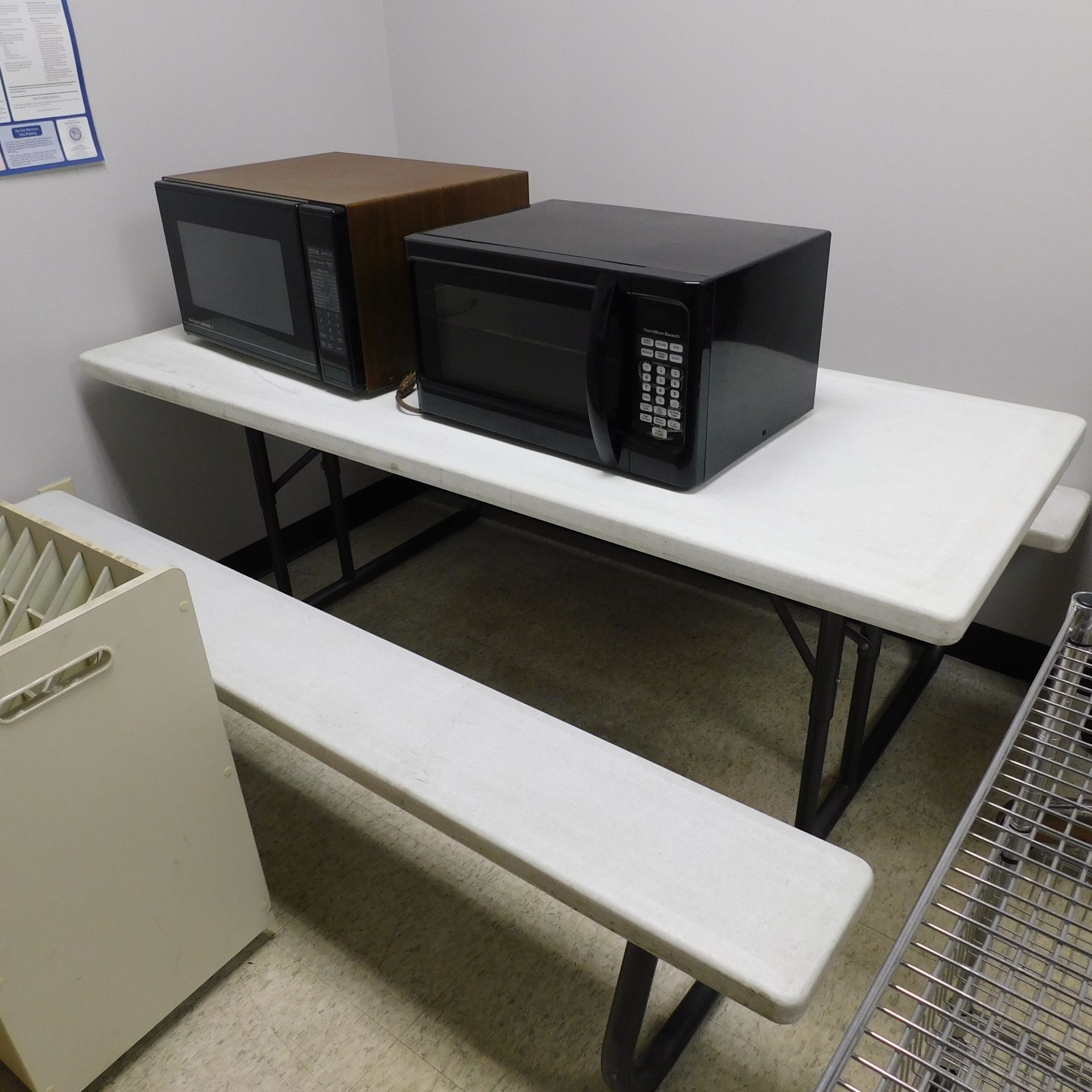 Contents of Lunch Room, (2) Foldable Picnic Tables, (2) Microwaves, NSF Racks, Toshiba TV, Etc. - Image 2 of 4