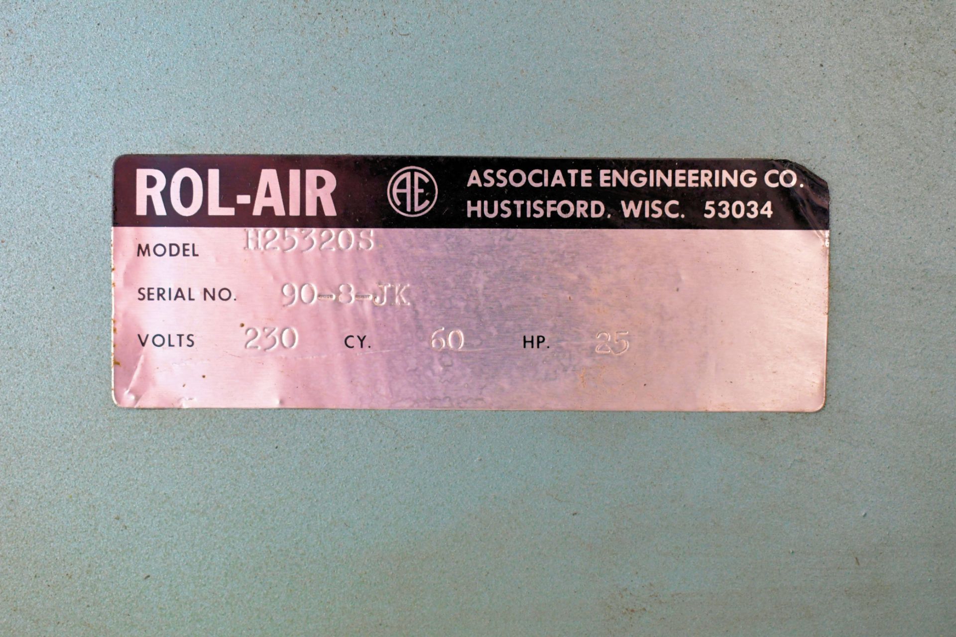 Rol-Air Model H25320S, 25-HP Horizontal Tank Mounted Air Compressor, s/n 90-8-JK, with Drypoint - Image 4 of 5