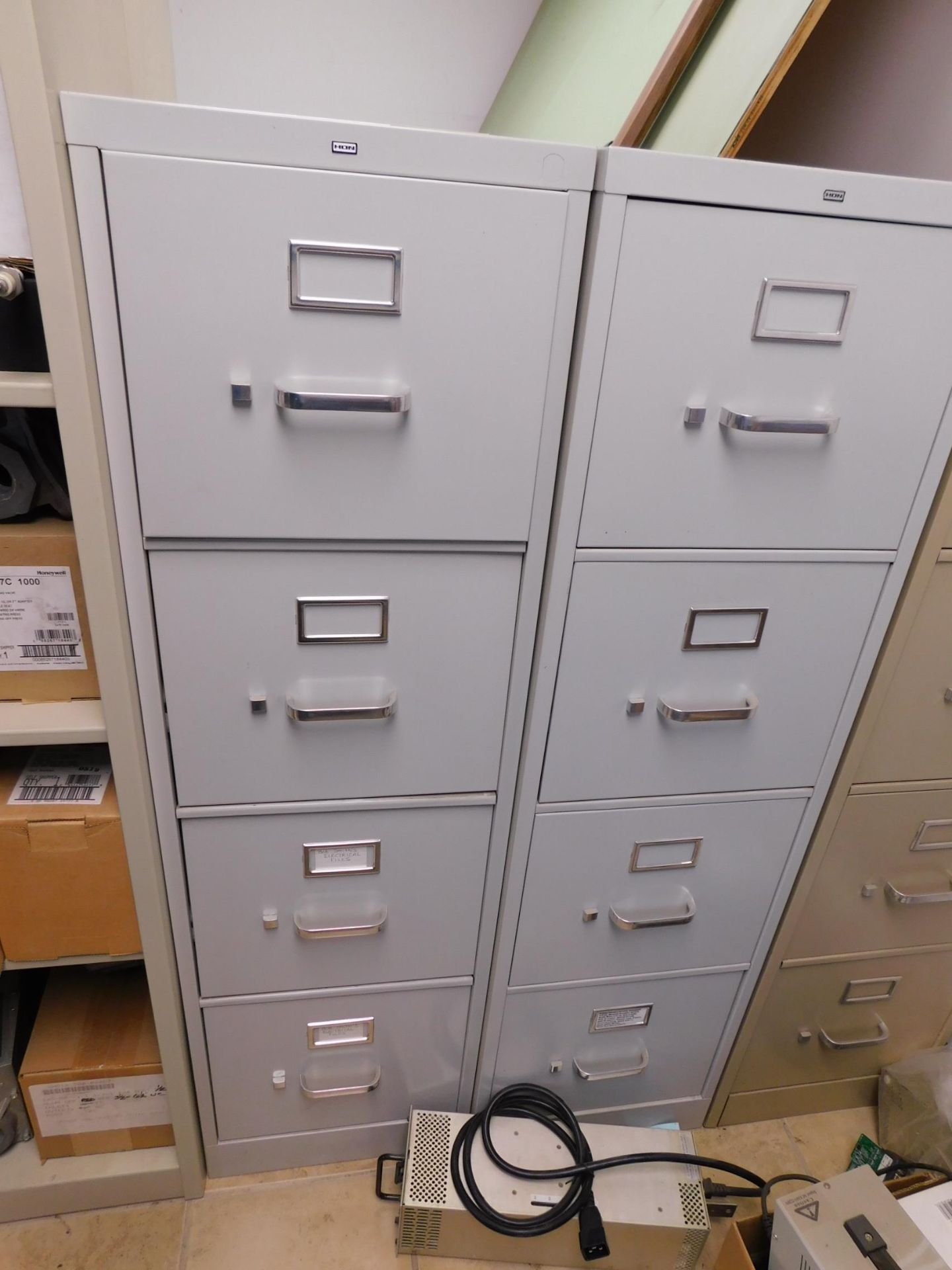 (2) 4-Drawer File Cabinets and (3) Metal Bookshelves