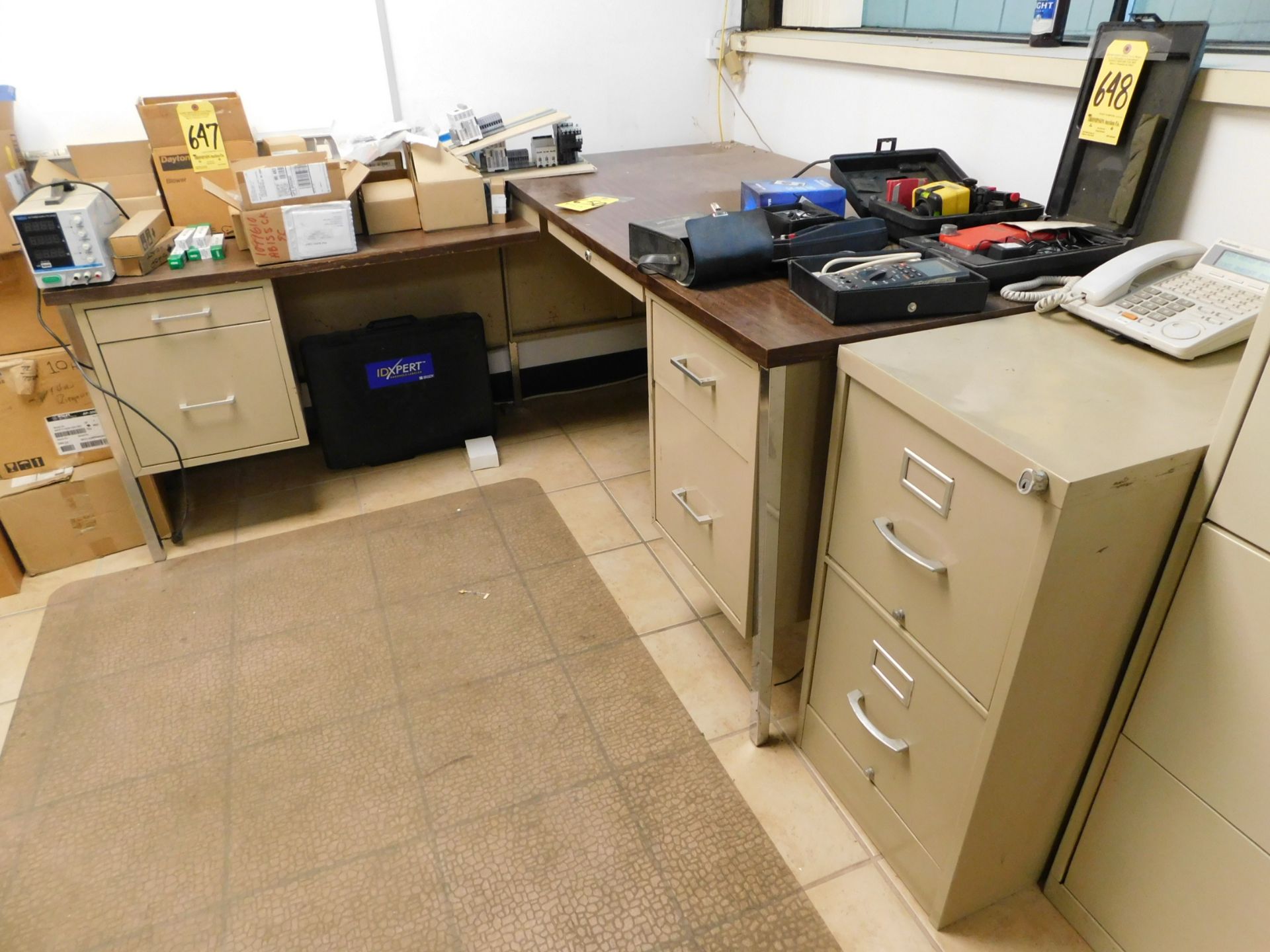 L-Shaped Metal Desk and 2-Drawer File Cabinet, Does Not Include Items on Desk