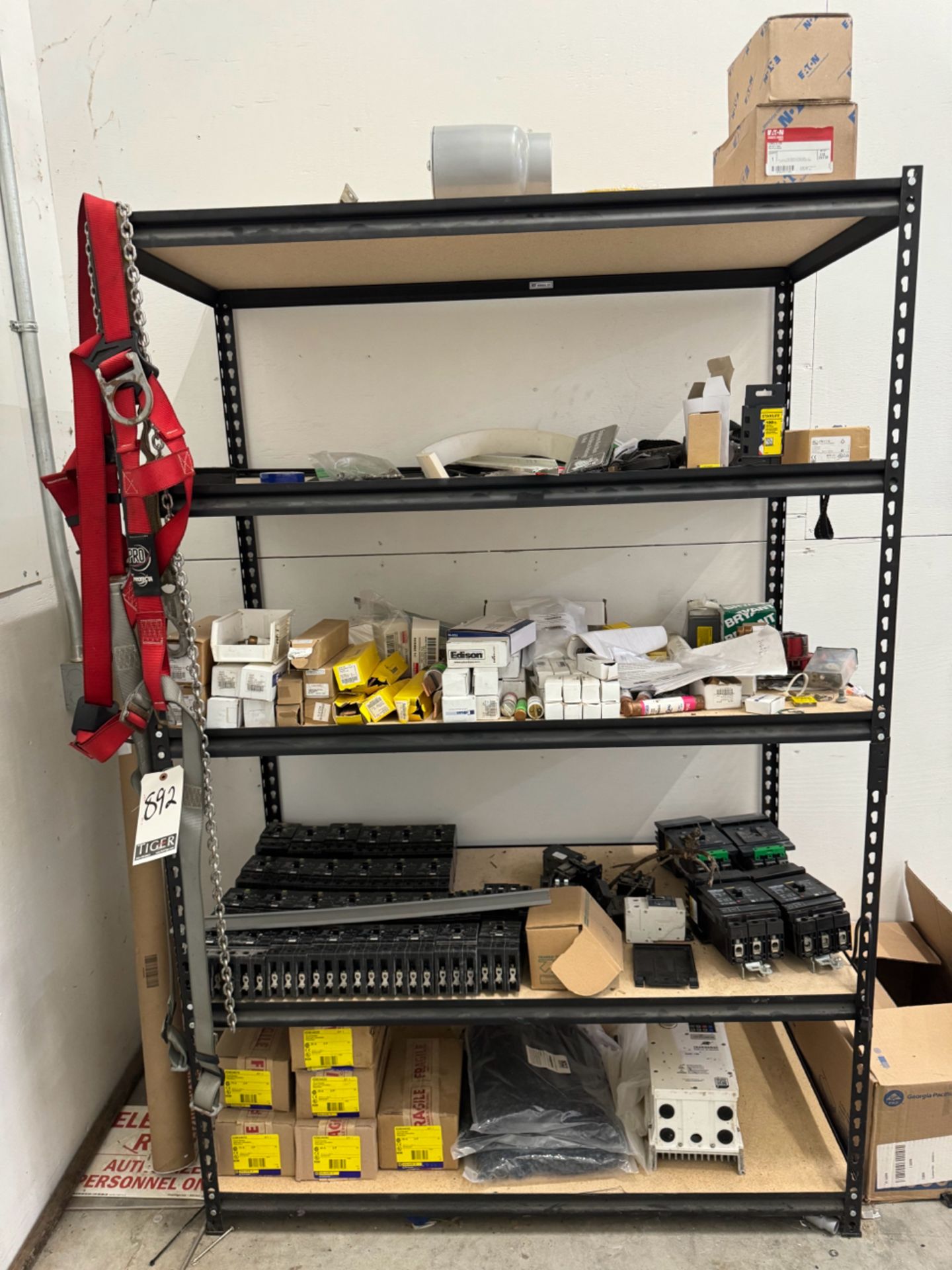 Lot Industrial Shelf w/ Contents Consisting of Circuit Breakers, Fiber, Fuses, Transit Tester,