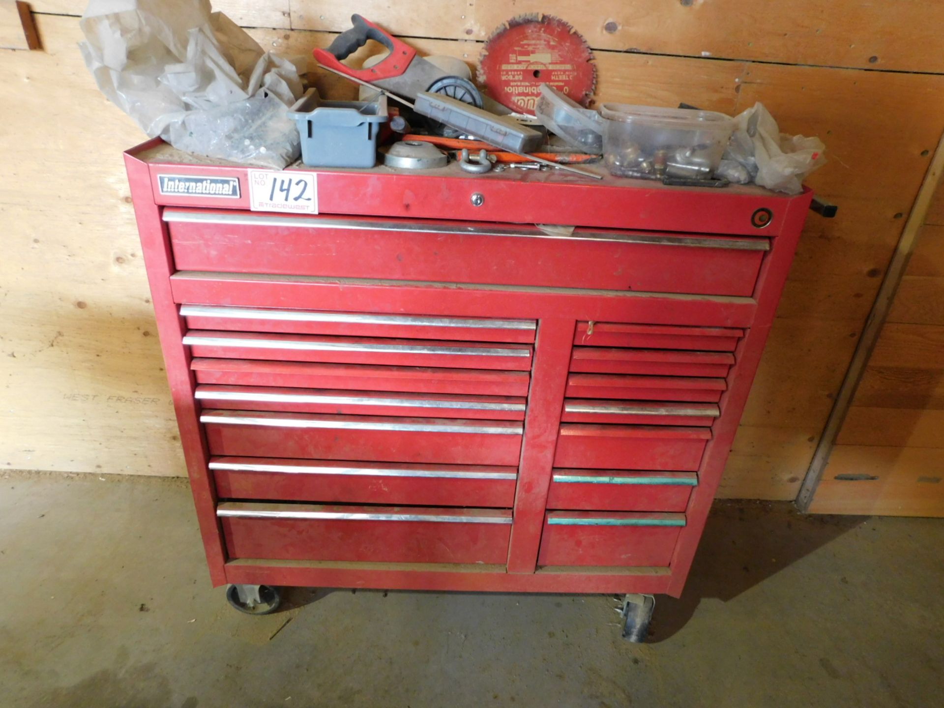 INTERNATIONAL TOOL CHEST W/ CONTENTS: AIR FITTINGS, SCREW DRIVERS, WRENCHES, SOCKETS