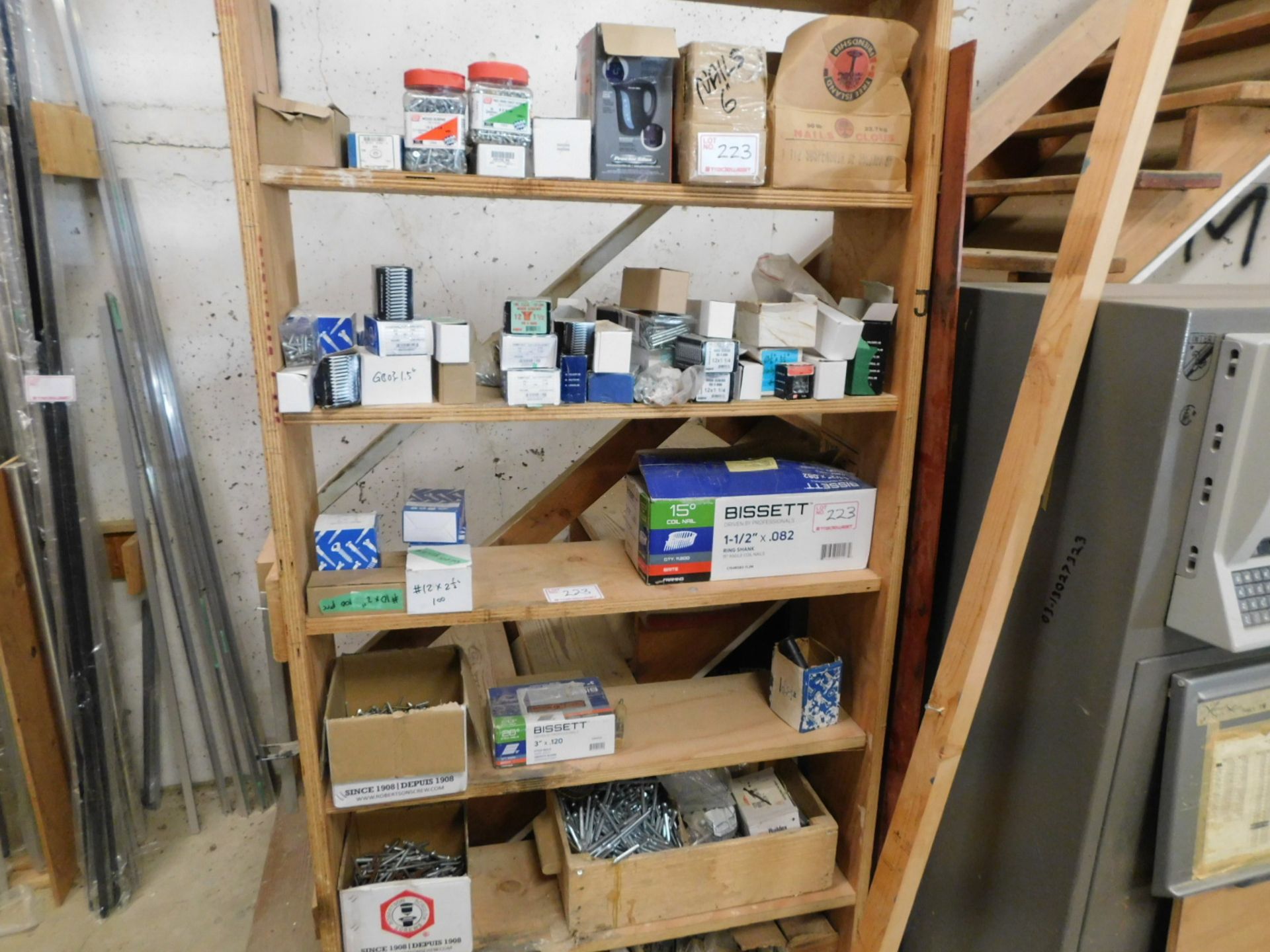 SHELF OF ASST HARDWARE, BOLTS, SCREWS, 15" COIL NAILS