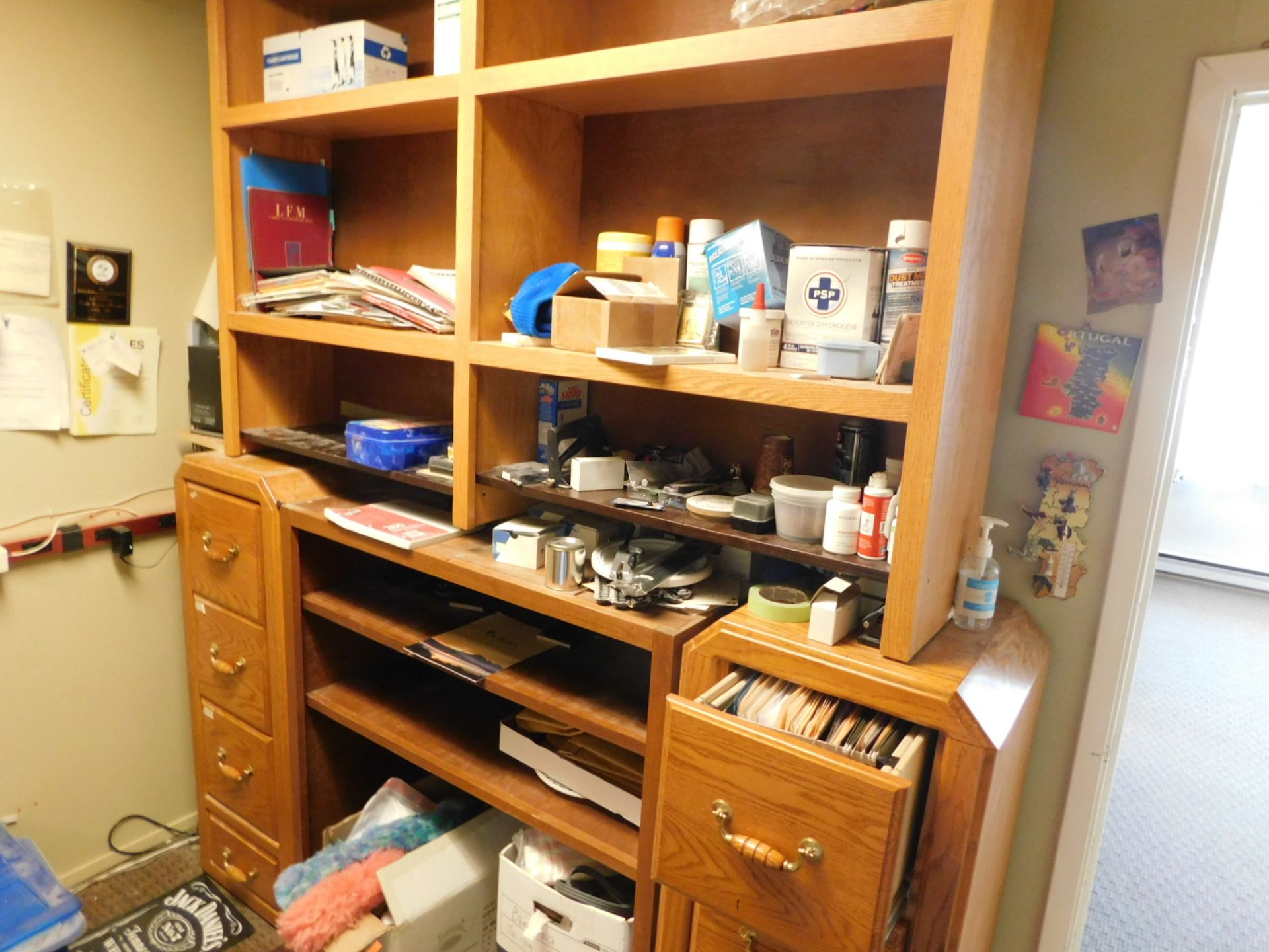 WALL UNIT CONSISTING OF ORGANIZER, (2) LETTER WOOD FILE CABINETS