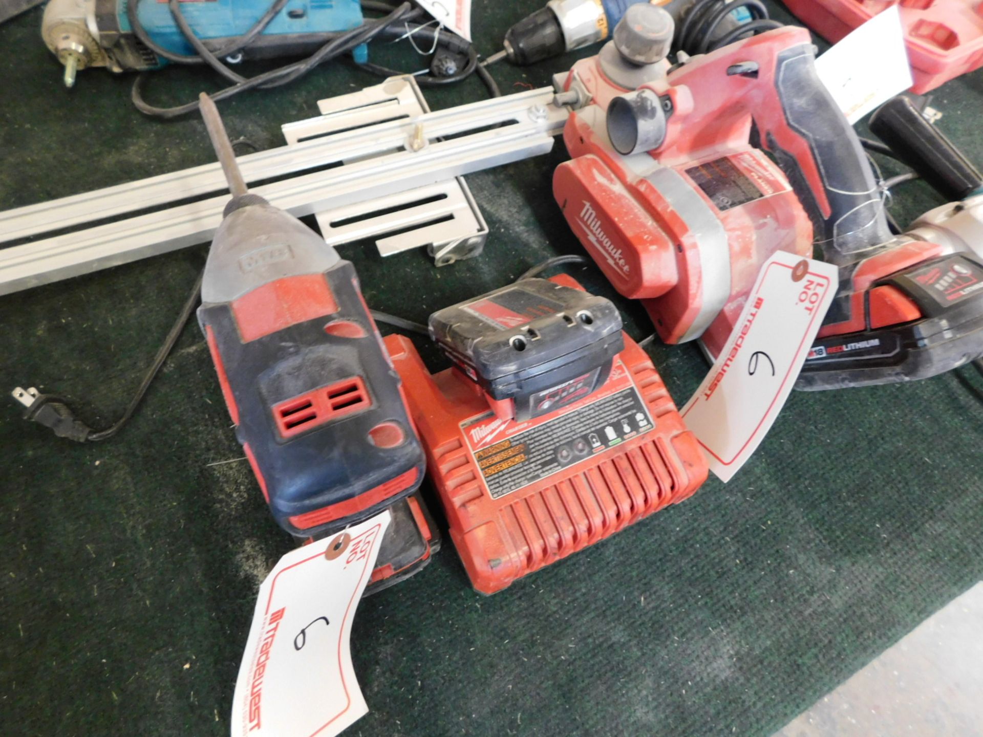 MILWAUKEE CORDLESS DRILL W/ 3 1/4" CORDLESS PLANER, 1/4" HEX IMPACT DRILL CHARGER, (3) BATTERIES