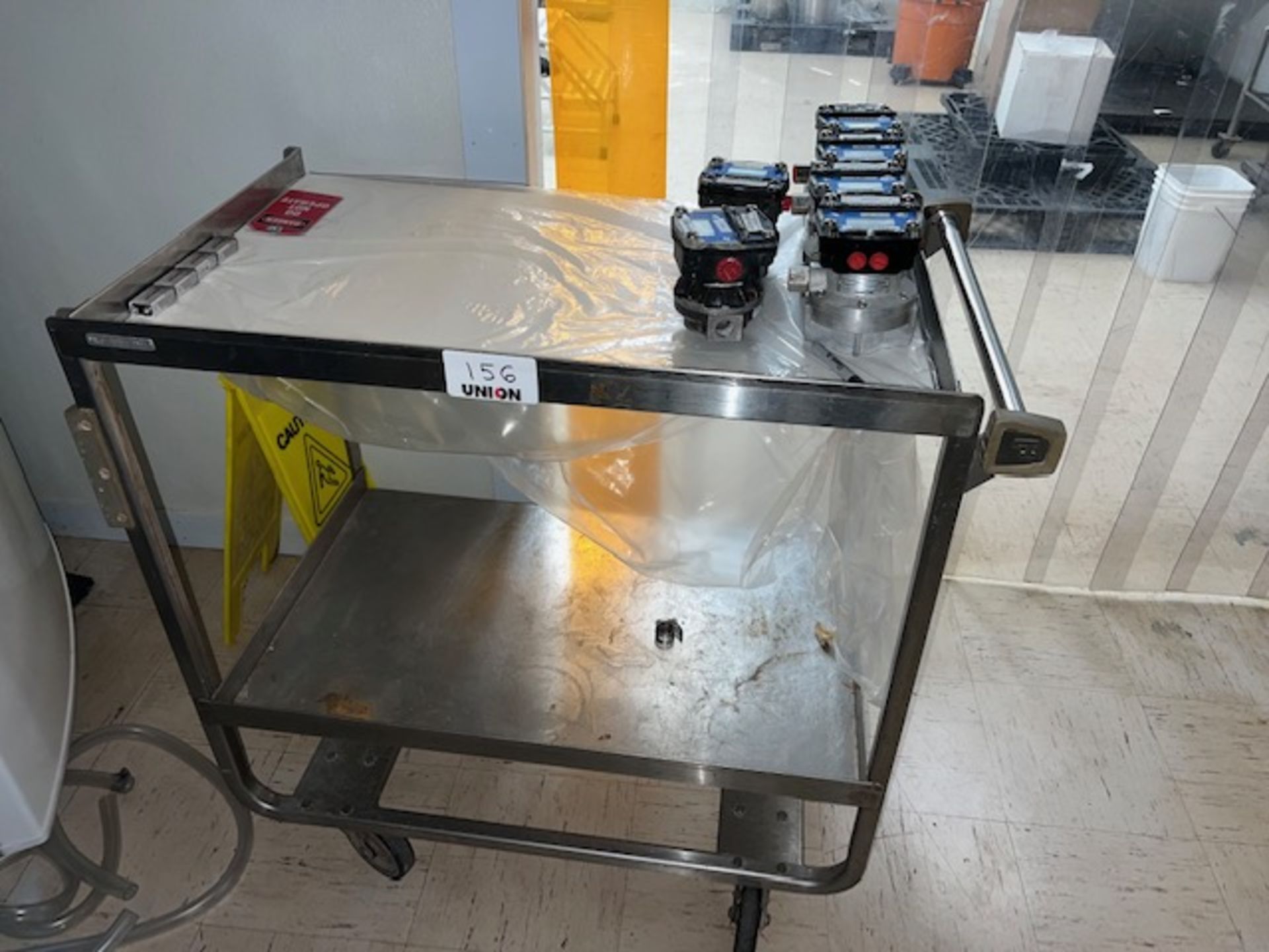 Asset 156 - Two shelf SS cart 33" x 21" on casters with 6 digital flow meters. $345.00 Rigged and - Image 3 of 4