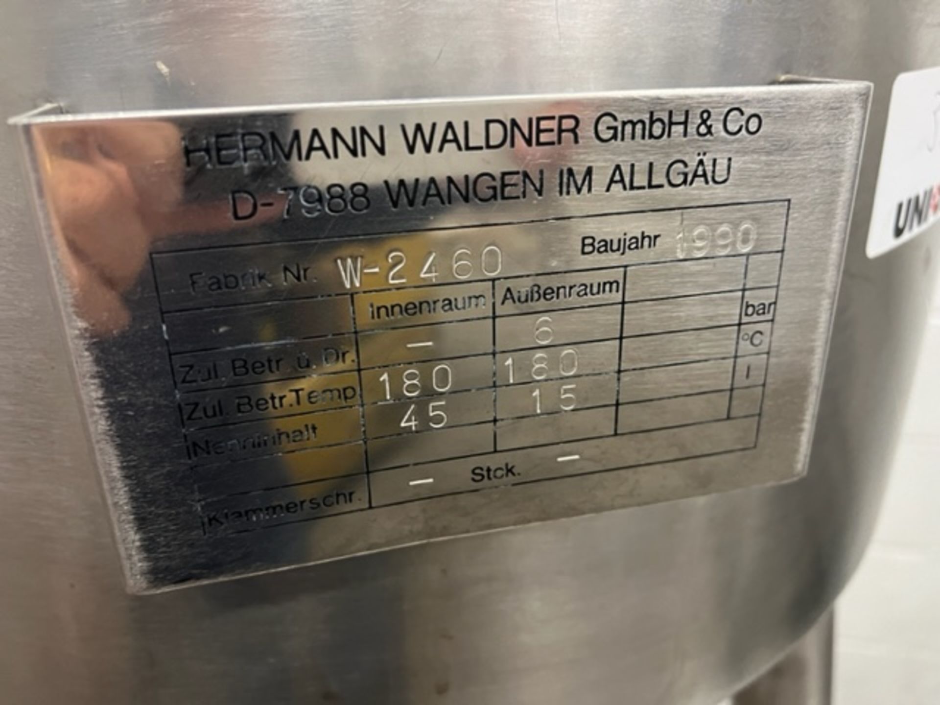 Asset 316 - Hermann Waldner 20 gallon Stainless Steel Jacketed tank with cone bottom with - Image 3 of 3