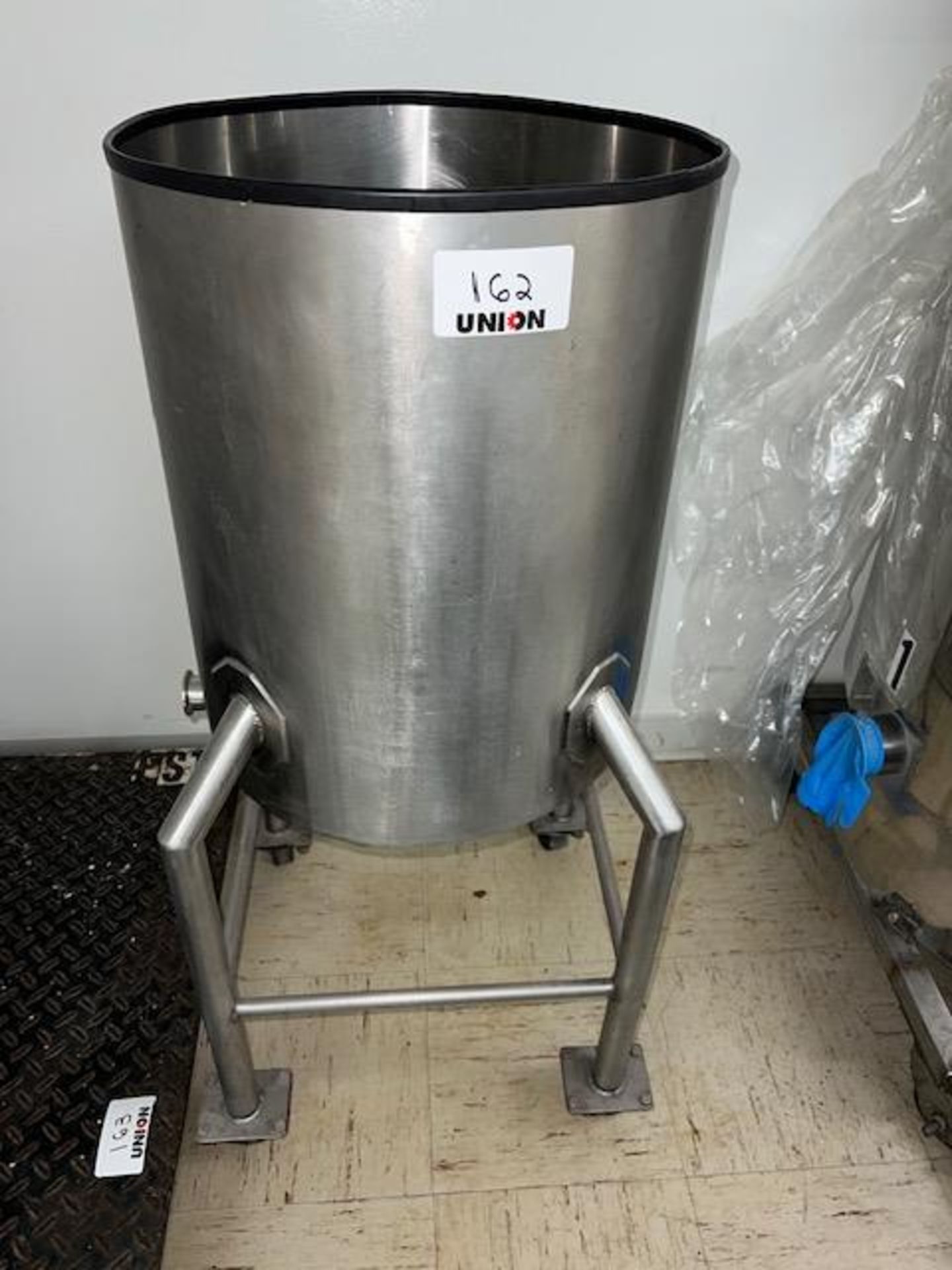 Asset 162 - Tank Stainless 23 gallon steel with 1" side discharge on casters. $345.00