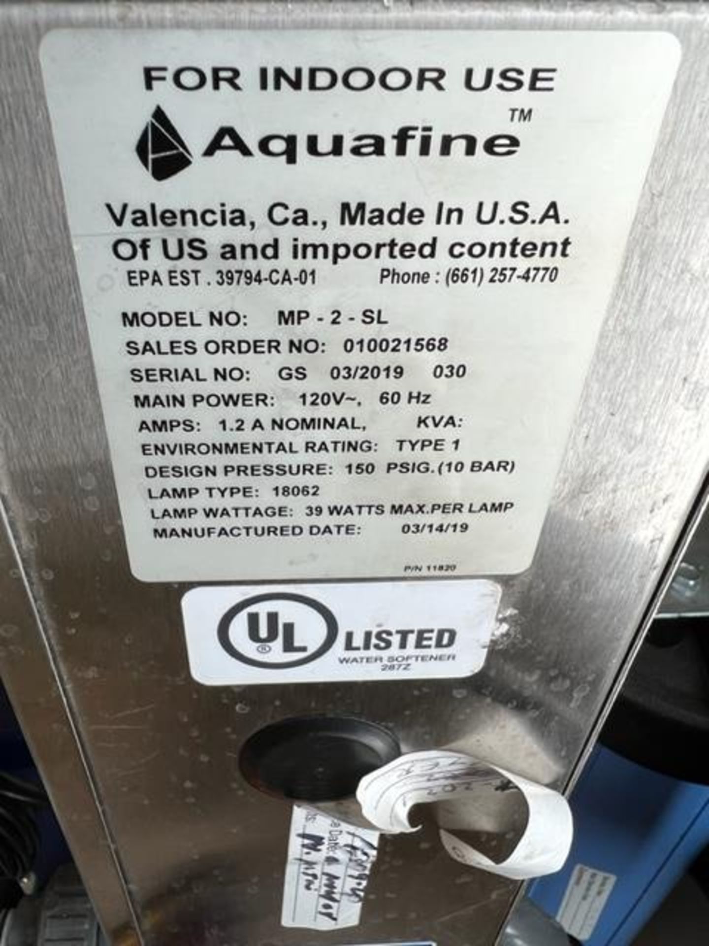 Asset 62 - Aquafine model MP-2-SL serial#GS 03/2019 030 120 volts Ultra Violet Water Purifier - Image 11 of 11