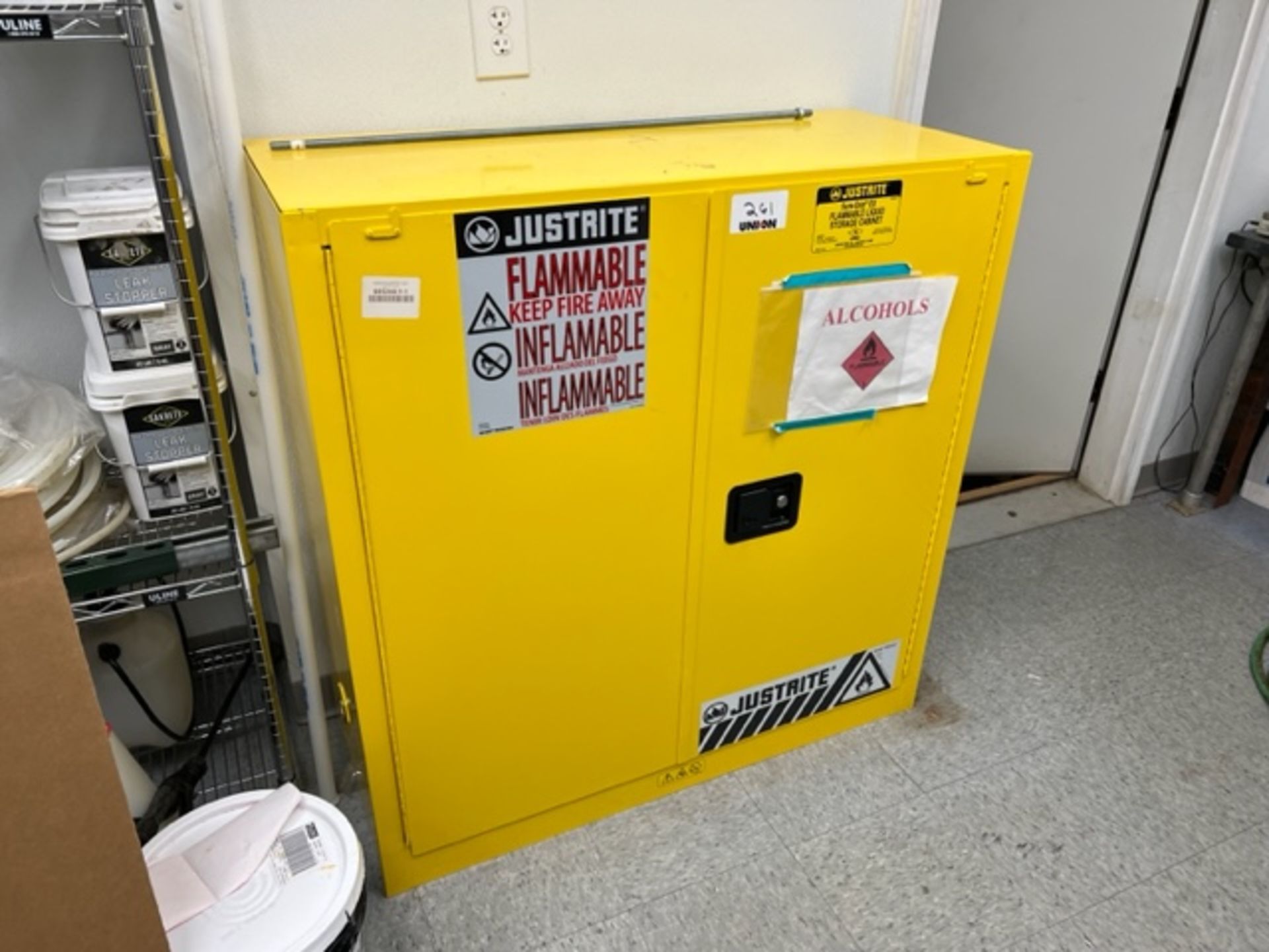 Asset 261- Justrite flammable liquid storage cabinet, 39" wide x 17" deep x 43" tall. $345.00 Rigged - Image 2 of 4