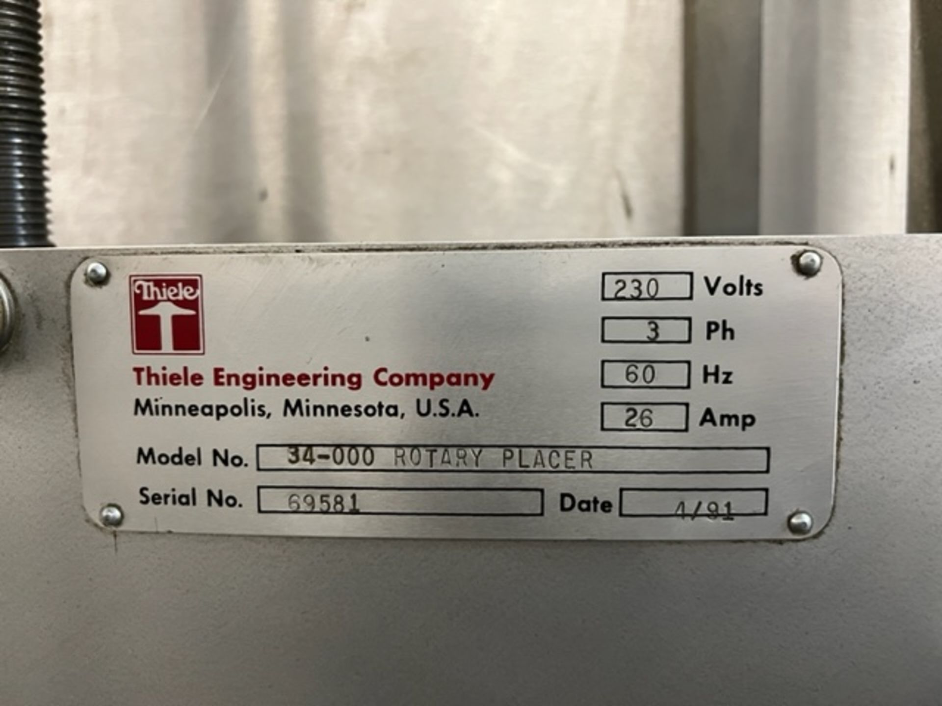 Asset 306 - Thiele 34-000 4-head Rotary Placer, serial#59581 with timing screw on casters. $345.00 - Image 8 of 8