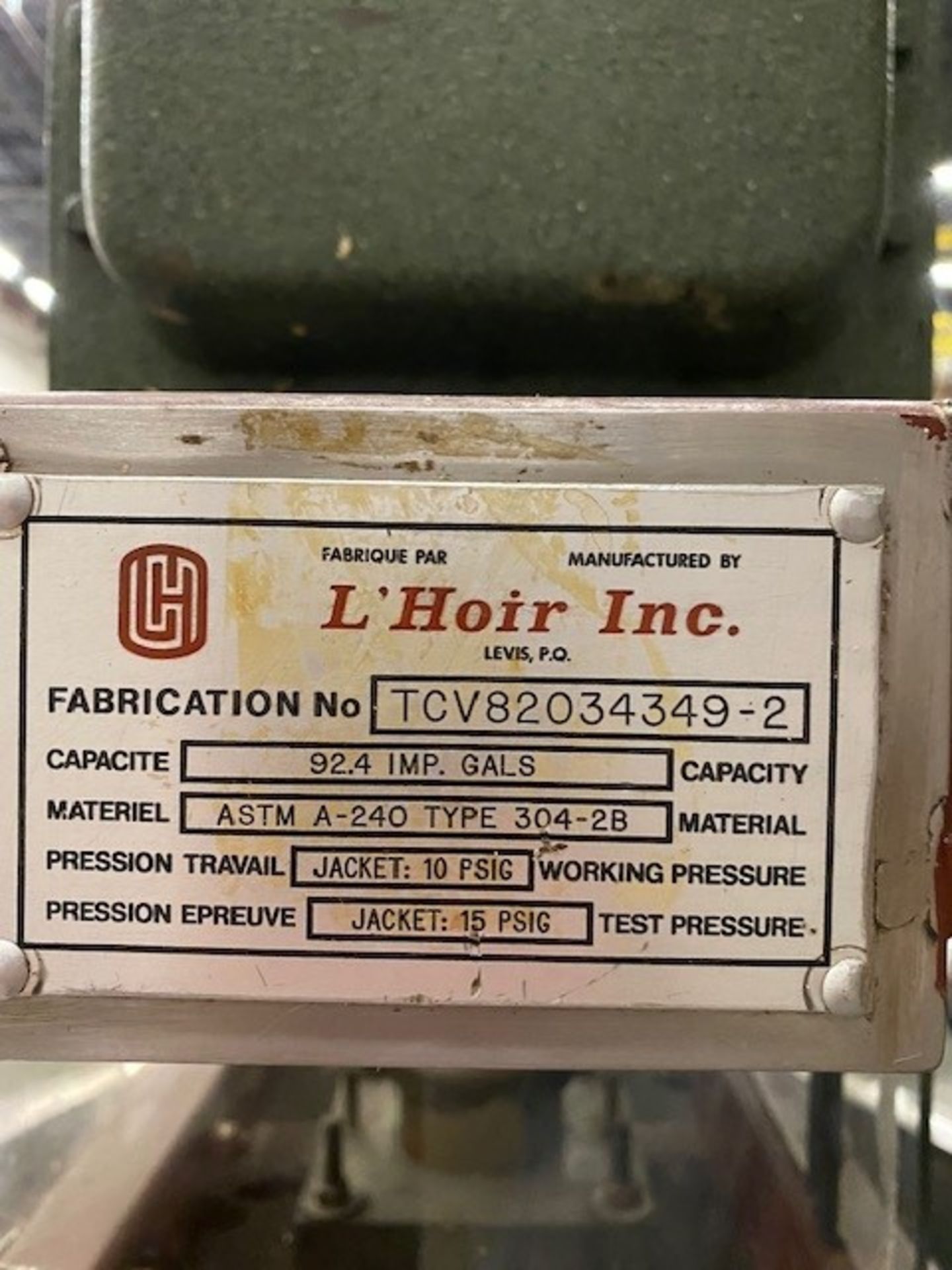 L'Hoir stainless steel, water jacketed tank serial number TCV 820343492 with agitator, 2HP motor and - Image 2 of 3