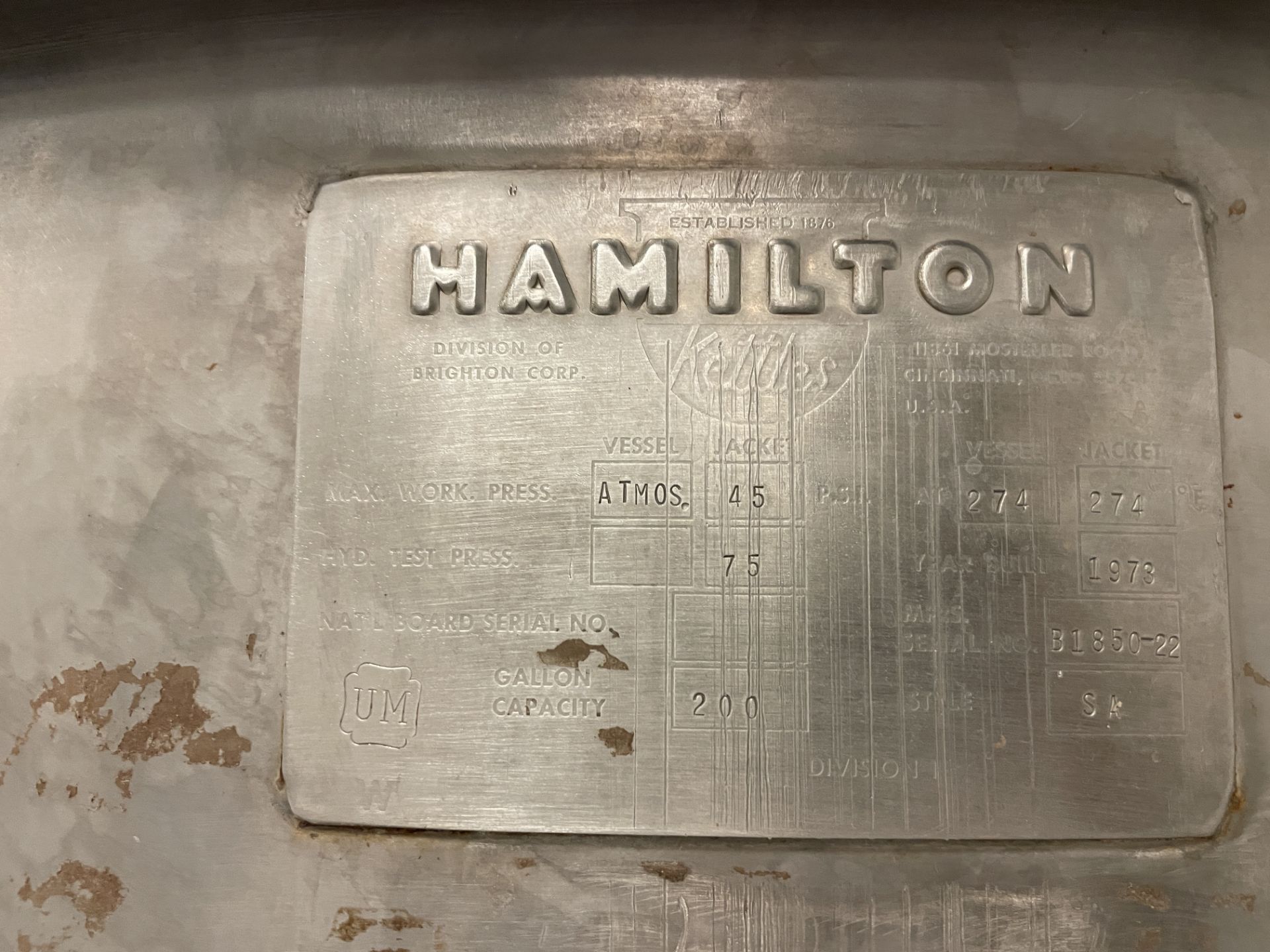 Asset 245 - Hamilton 200 Gallon Stainless Jacketed Cooking and Mixing kettle, Single action with - Image 3 of 7