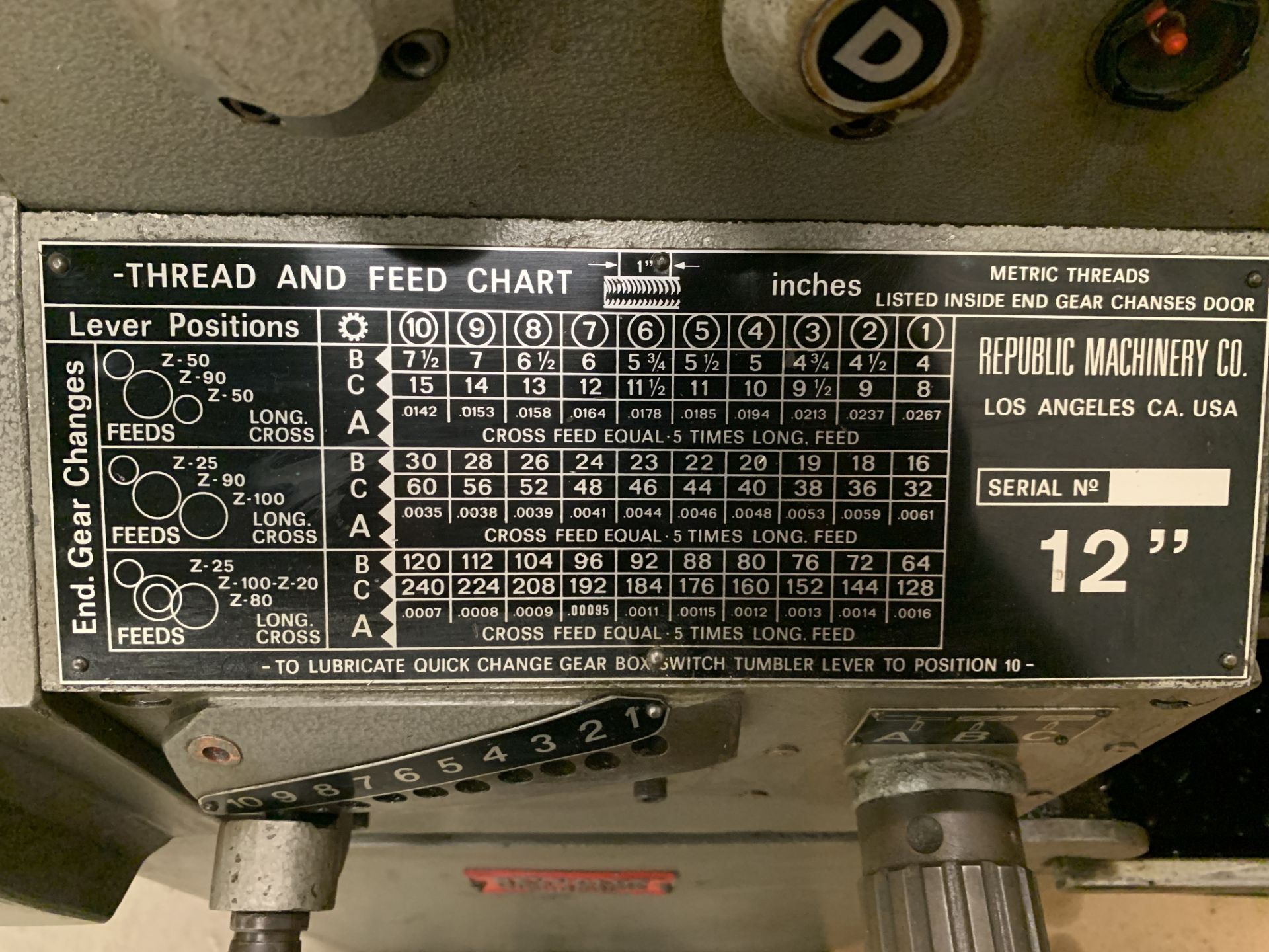 REPUBLIC 12 x 40 Engine Lathe w/ Tooling and Spare Parts - Image 11 of 28