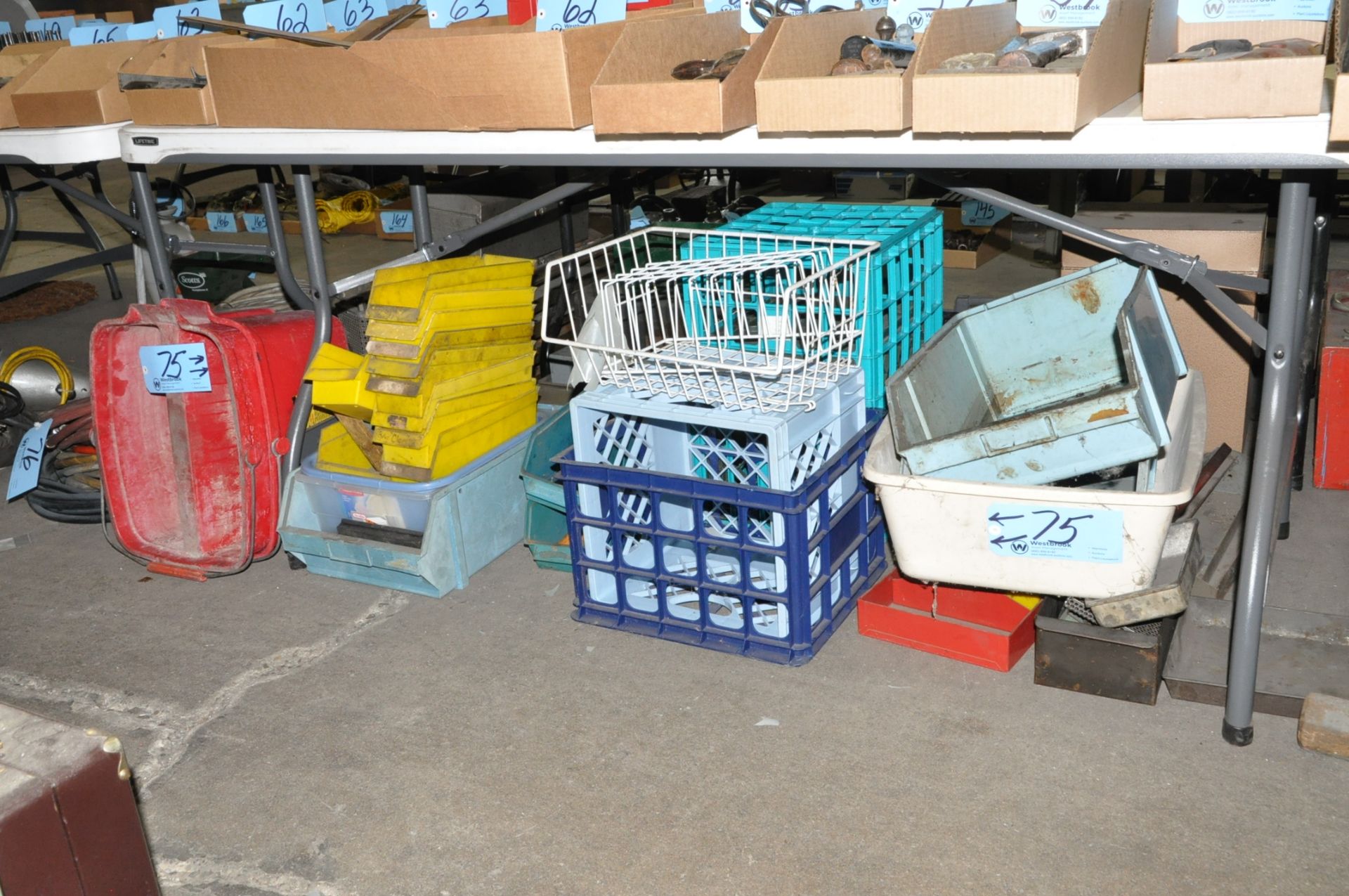 Lot-Plastic Totes and Parts Bins on Floor Under (1) Table