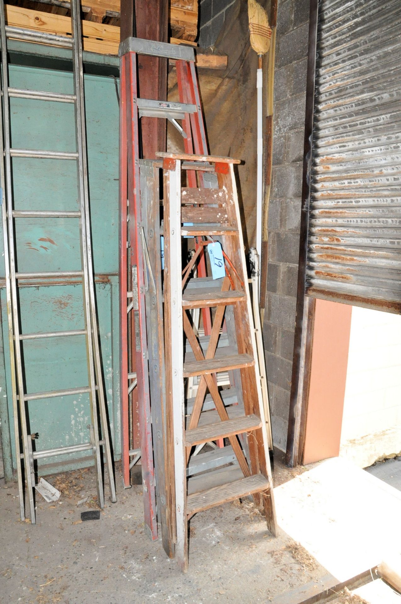 Lot-(1) 8' Fiberglass Step Ladder and (2) 6' Wood Step Ladders