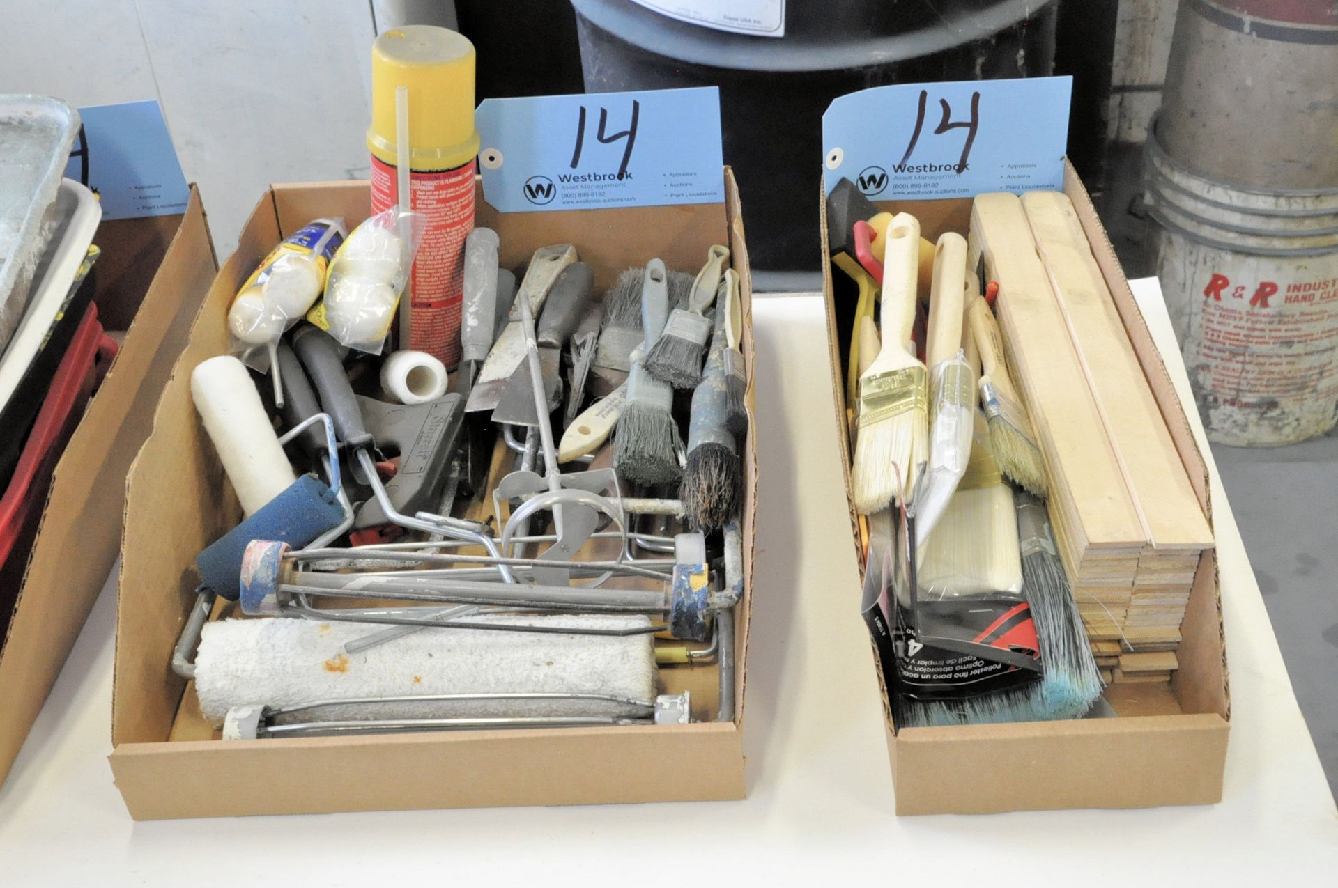 Lot-Paint Roller Trays, Paint Rollers, Brushes, Stir Sticks, Tarps and Rags in (3) Boxes & on Floor - Image 2 of 3