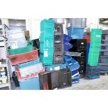 Lot-Various Plastic Bins/Totes, and Metal Totes in (1) Group on Floor