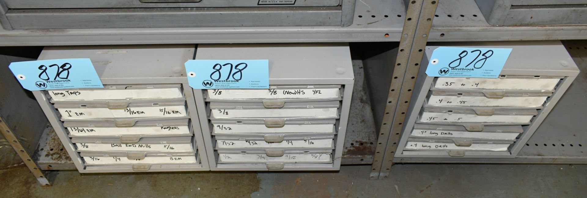 Lot-(2) 5-Drawer Organizer Cabinets with Single and Double End Mills, and Etc.