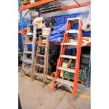 Lot-(1) Werner 6' Fiberglass, (1) No Name 6' Aluminum and (1) 5' Wooden Step Ladders