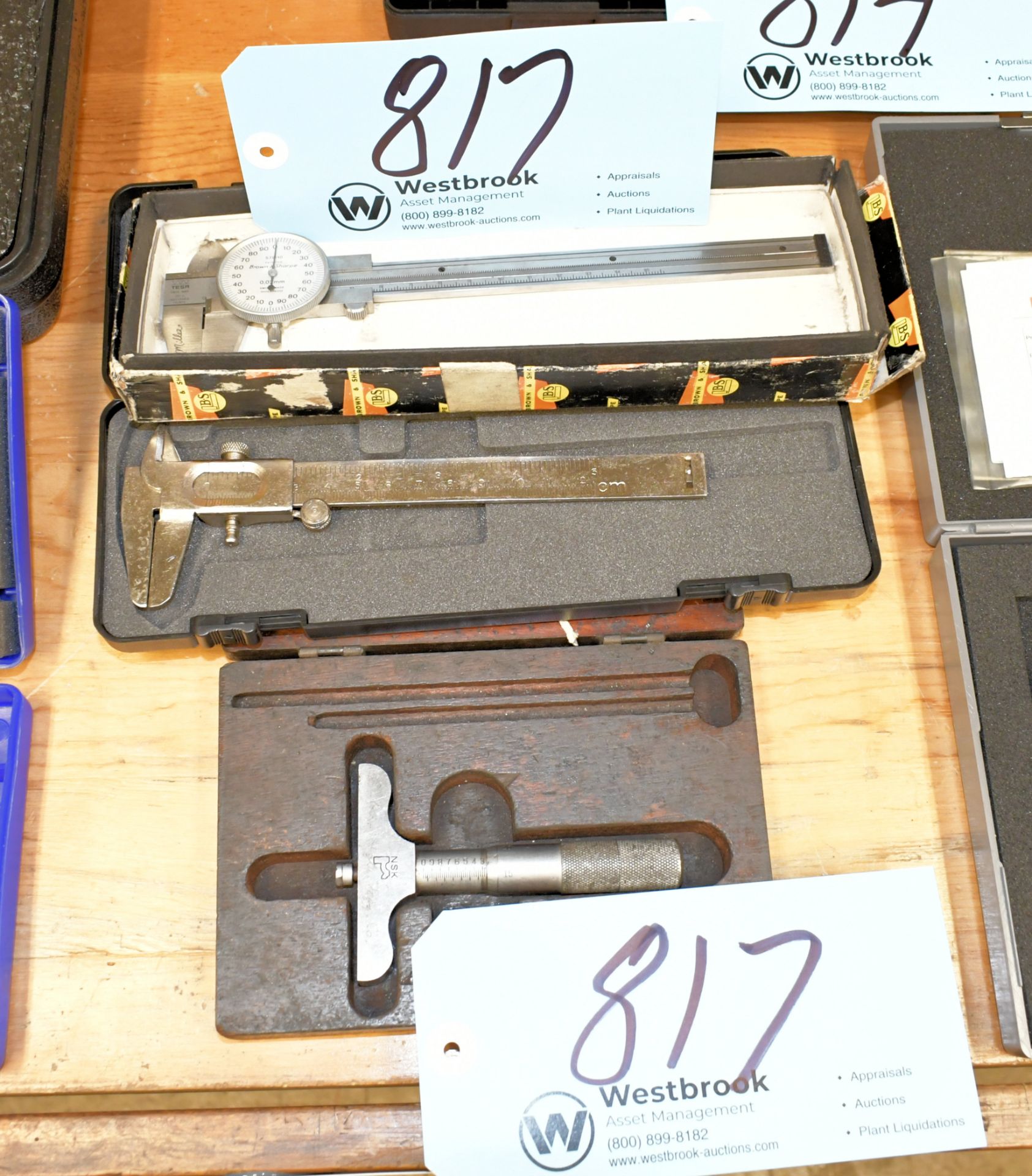 Lot-(1) NSK Depth Micrometer with Case, (1) No Name 4" Caliper with Case and Etc.