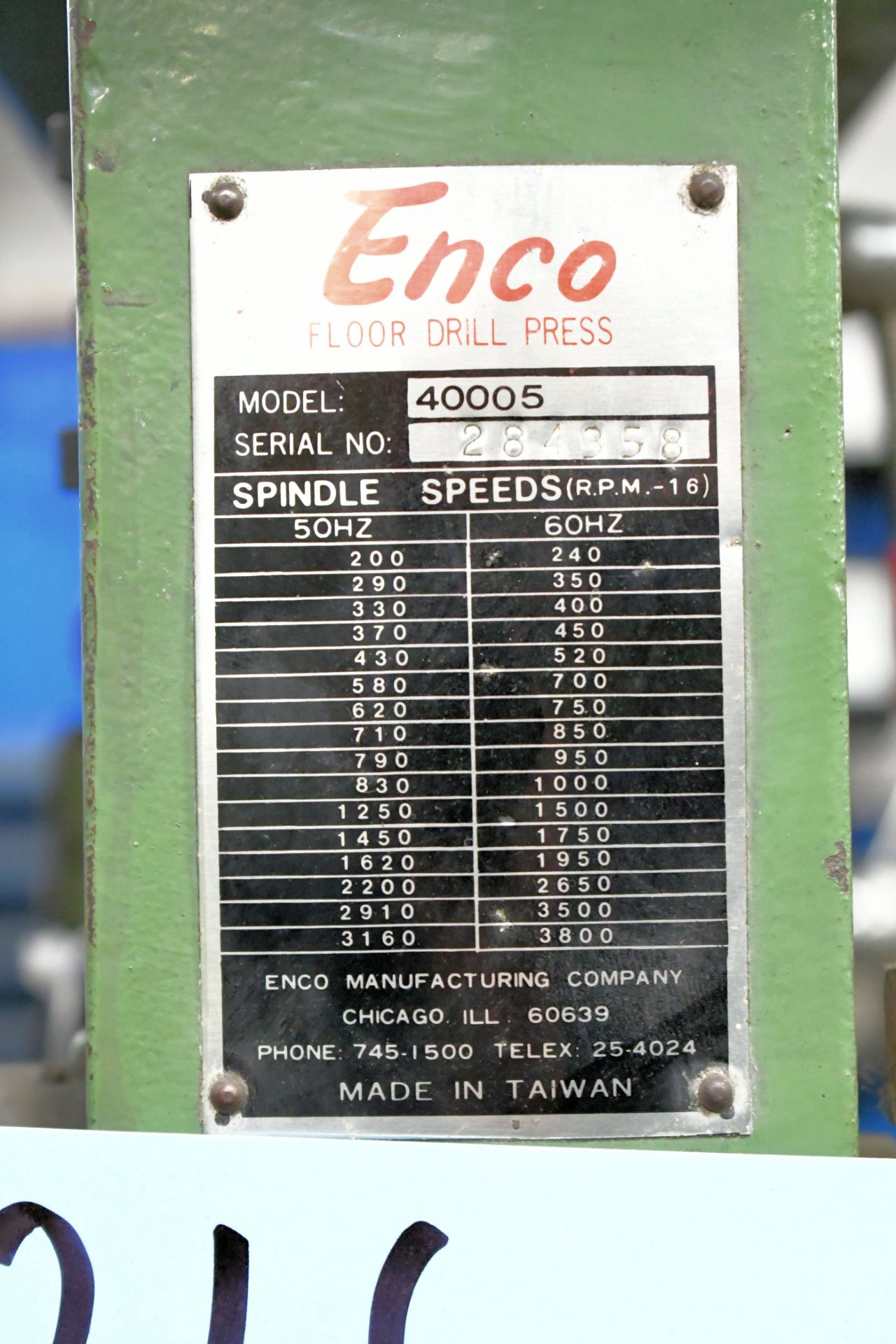 Enco Model 40005, 17" Variable Speed Floor Standing Drill Press,10" x 10" Work Surface, 1-PH - Image 3 of 3