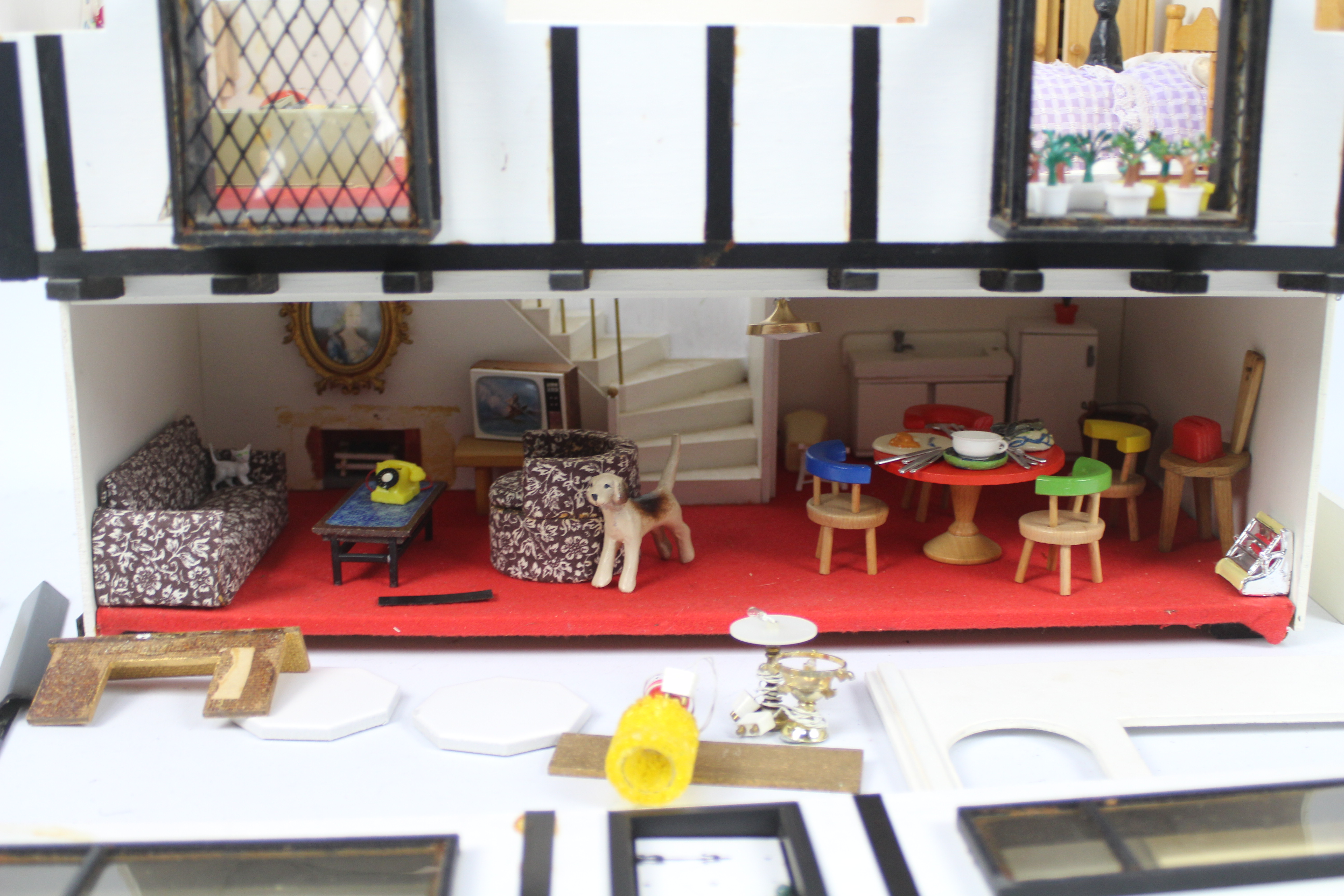 Dolls house - A home made, wooden, thatched, dolls house with electricity fittings for lights. - Image 4 of 4