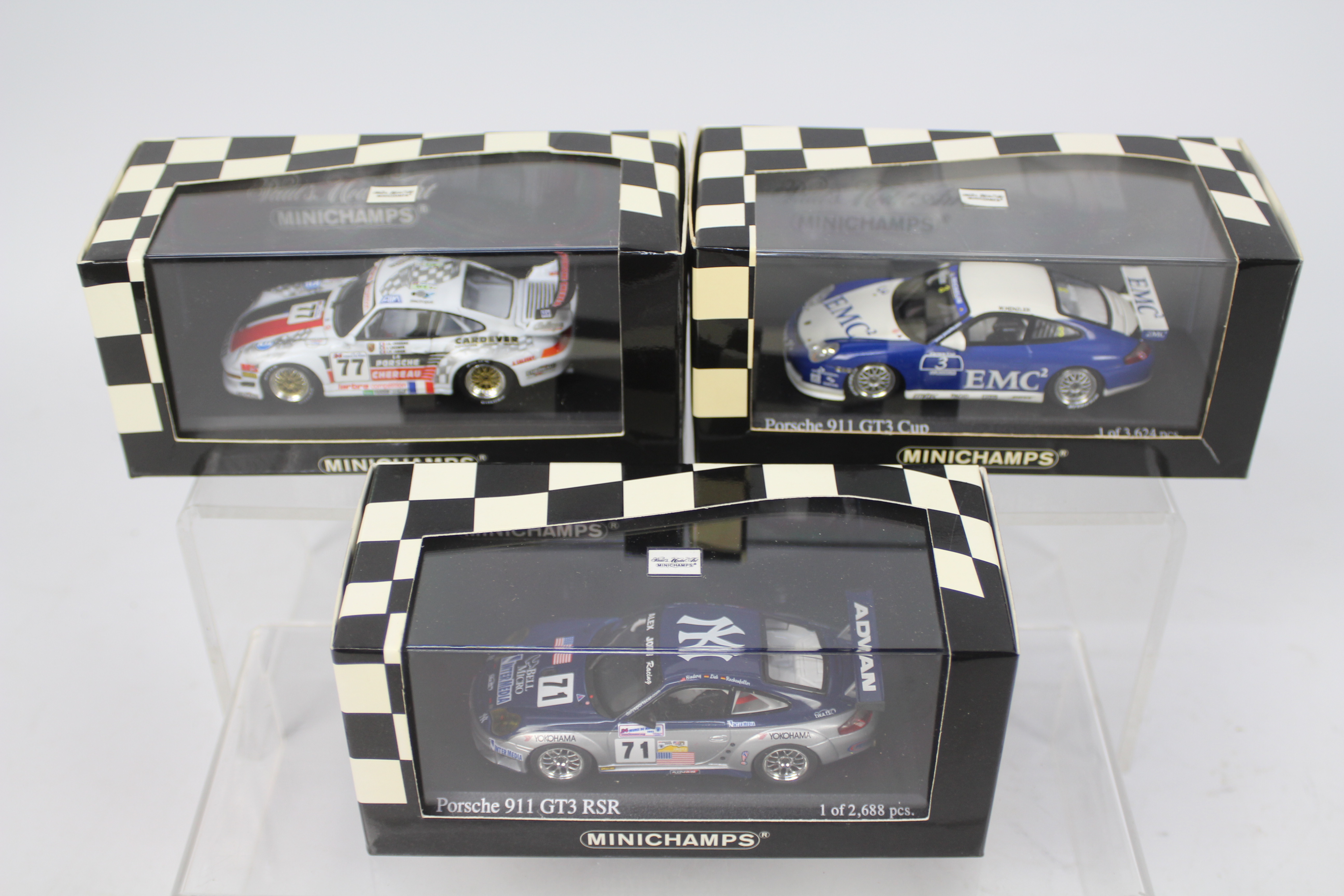 Minichamps - 3 x limited edition Porsche 911 models in 1:43 scale, a GT2 Evo,