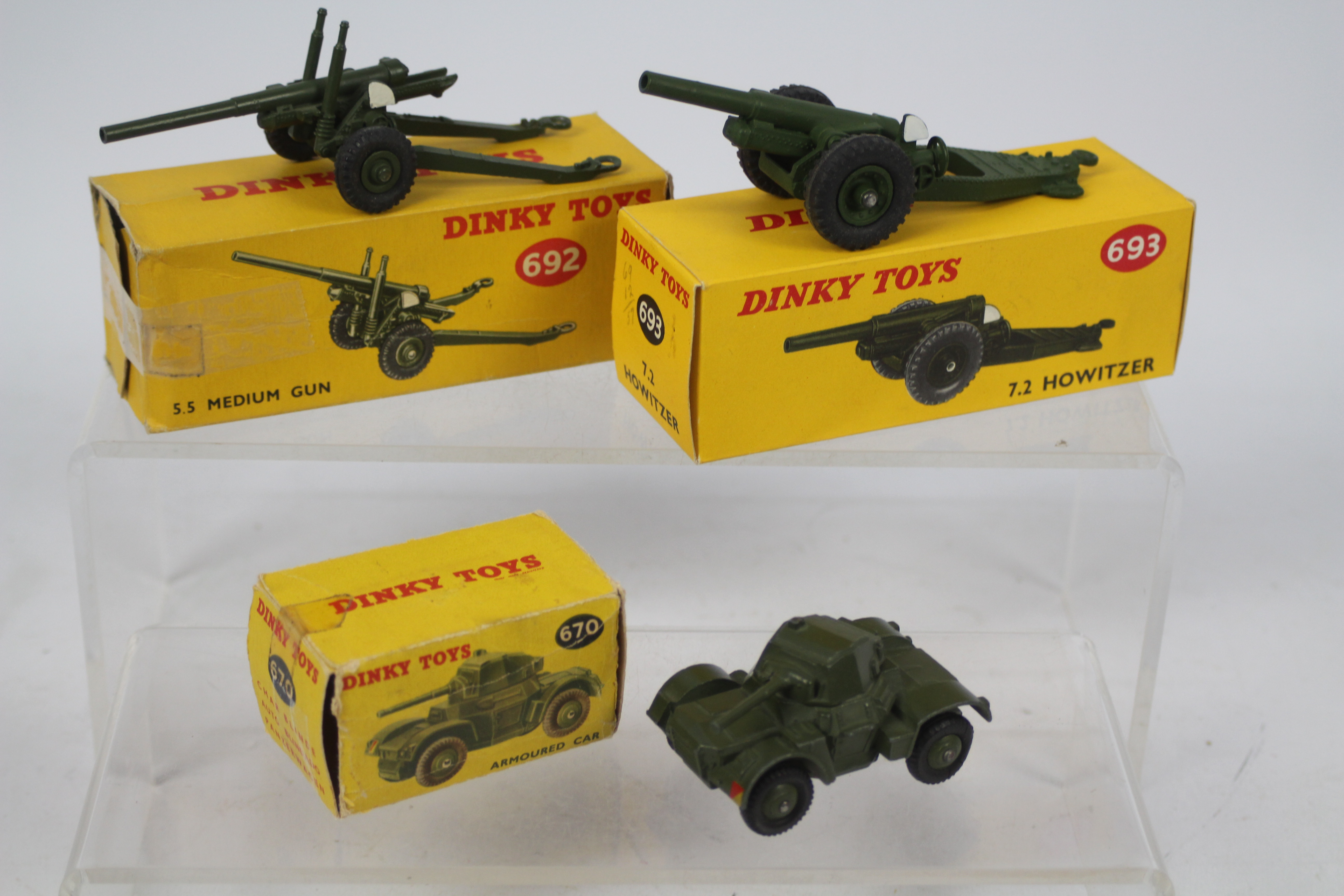 Dinky - Military - 3 x boxed Military models, an Armoured Car # 670, 5.5 Medium Gun # 692 and 7.