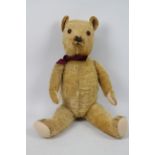 Large wood wool filled teddy bear - Jointed, worn golden mohair bear with squeaker,