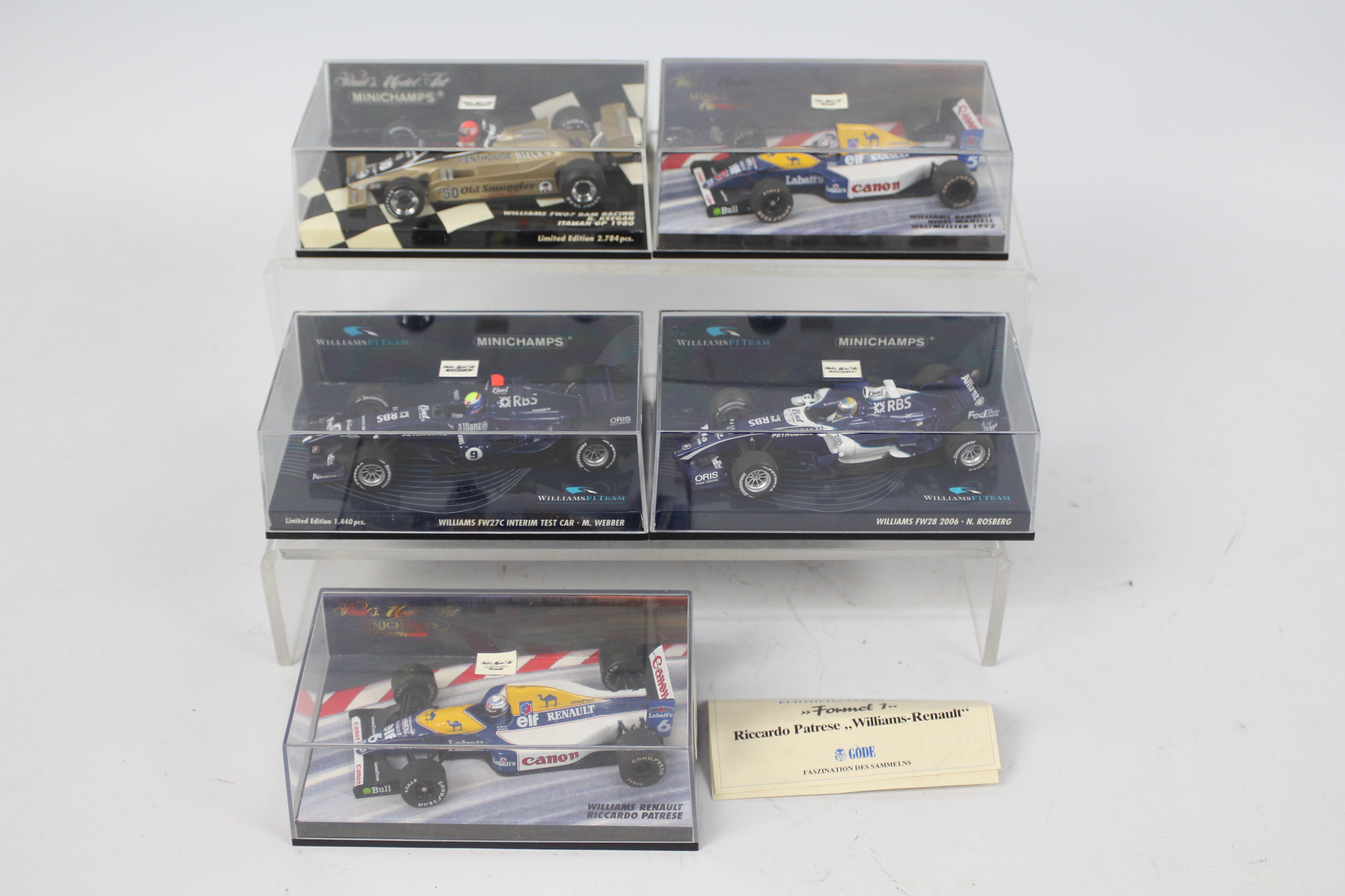 Minichamps - 5 x boxed Williams F1 cars in 1:43 scale including Nigel Mansell's Williams Renault,